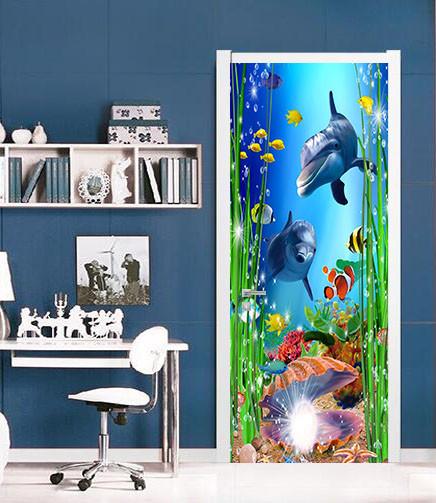 3D dolphin seaweed seabed door mural Wallpaper AJ Wallpaper 