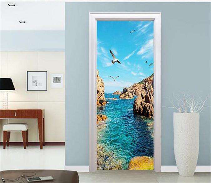 3D water and seagulls sea door mural Wallpaper AJ Wallpaper 