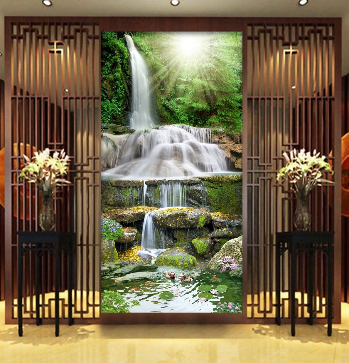 3D Waterfall Mandarin Duck 380 Wallpaper AJ Wallpaper 