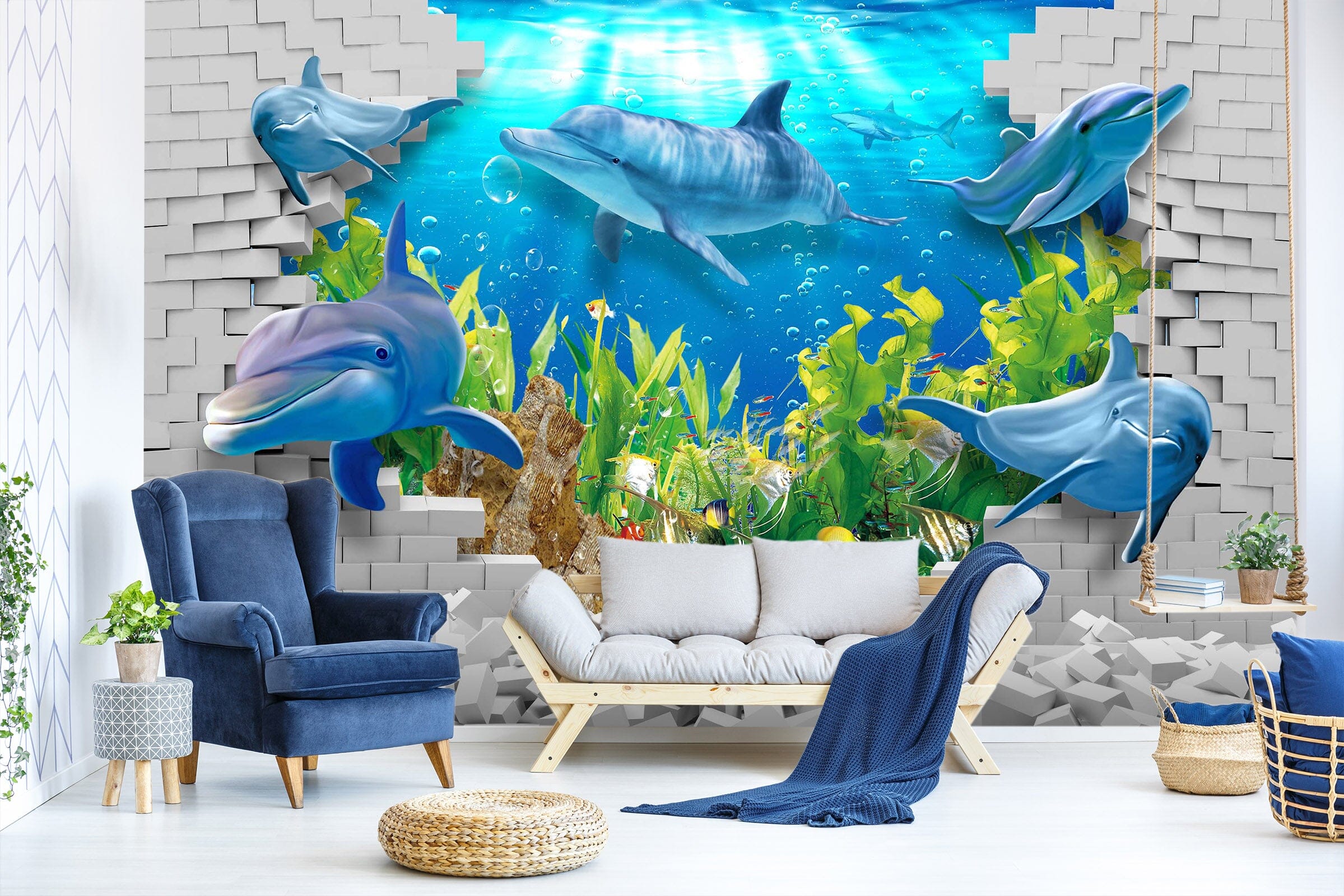 3D Undersea Dolphin 1428 Wall Murals Wallpaper AJ Wallpaper 2 