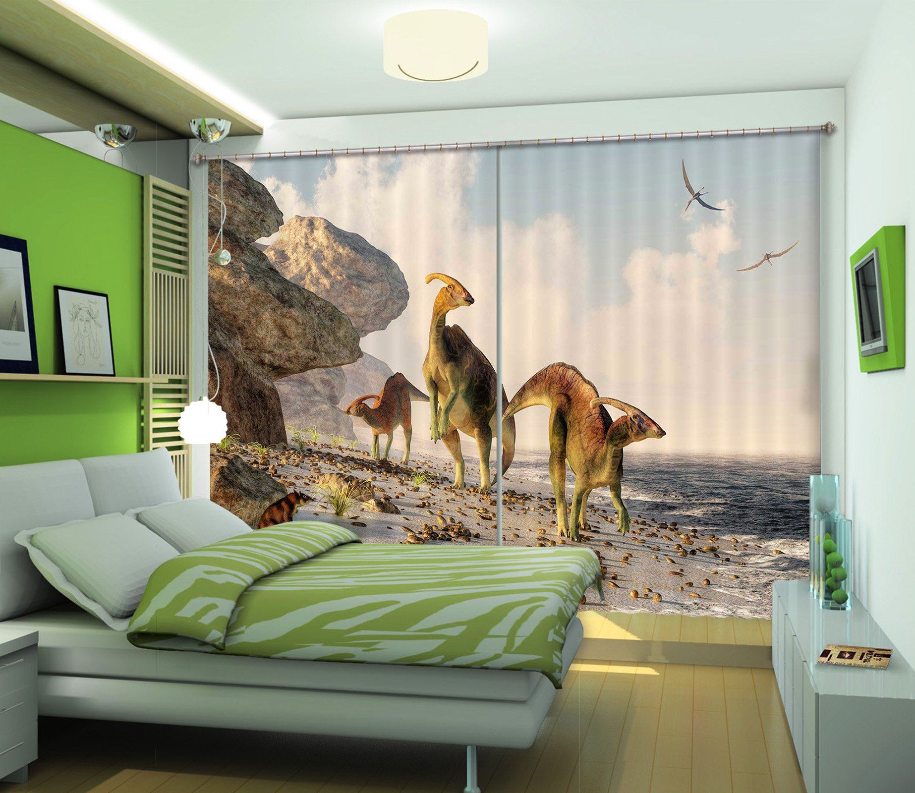 3D Seaside Dinosaur 169 Curtains Drapes Curtains AJ Creativity Home 