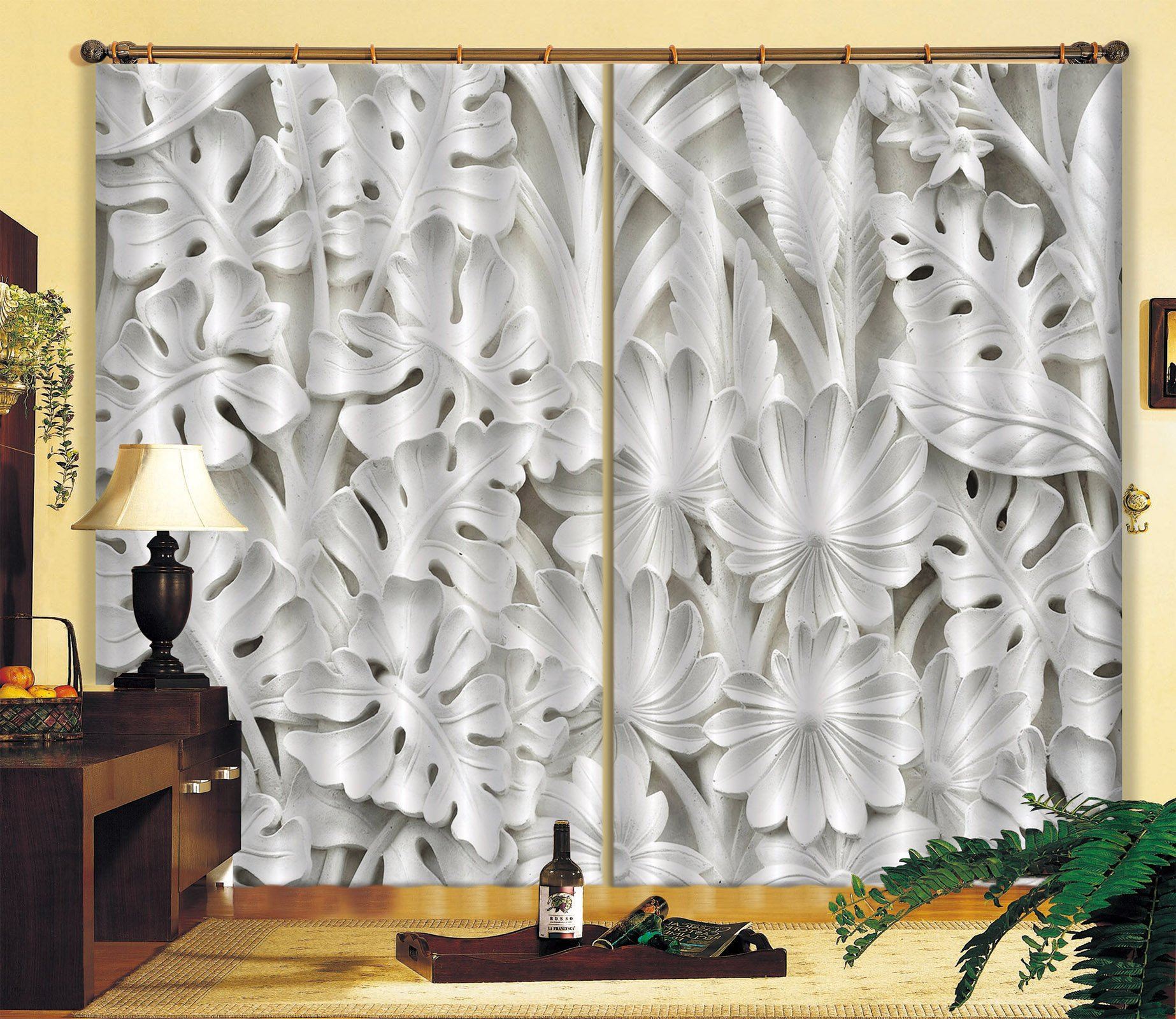 3D Carving Leaves 065 Curtains Drapes Curtains AJ Creativity Home 