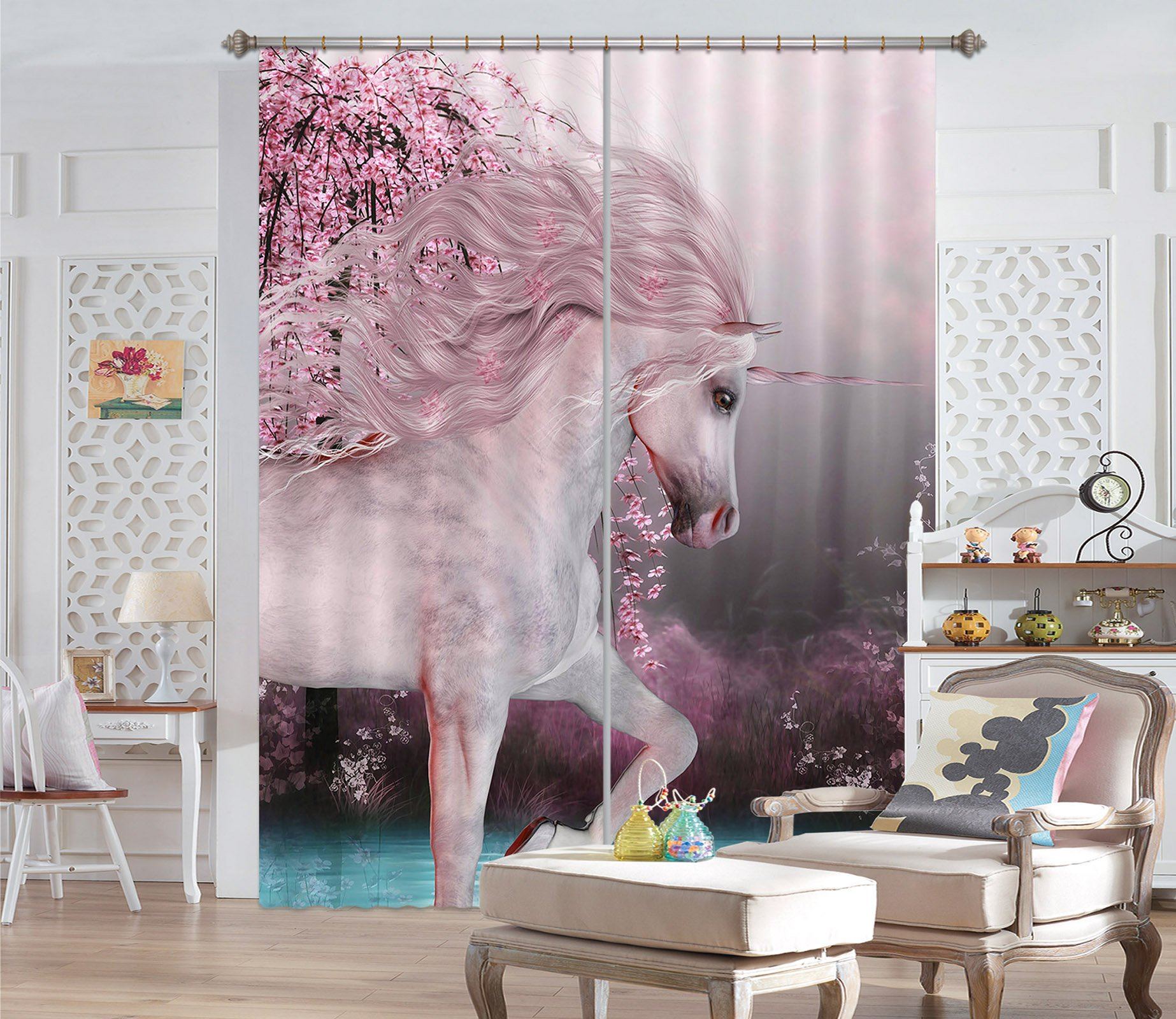 3D Peach Blossom Unicorns 111 Curtains Drapes Curtains AJ Creativity Home 