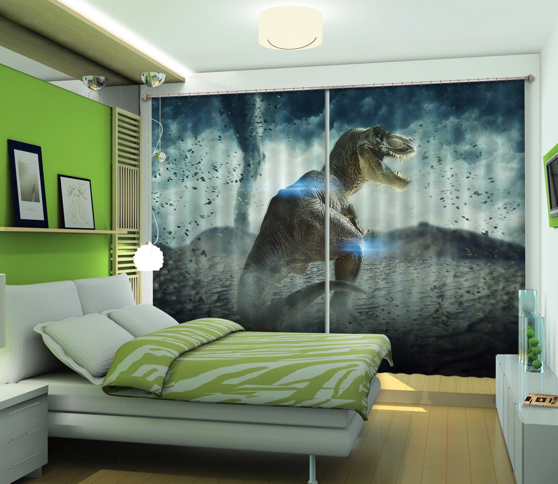3D Tornado Tyrannosaurus 158 Curtains Drapes Curtains AJ Creativity Home 