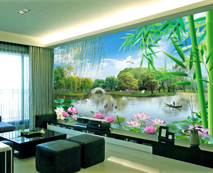 3D Bridge Lotus Pond Tree Wallpaper AJ Wallpaper 1 