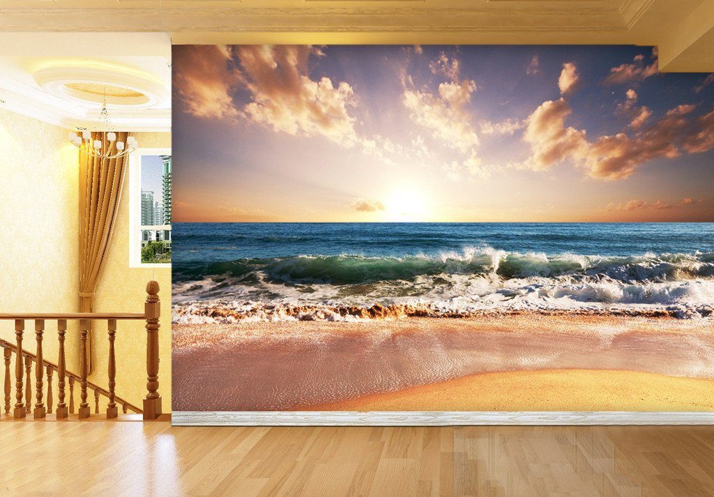 3D Sunset Glow And Beach Wave Wallpaper AJ Wallpaper 