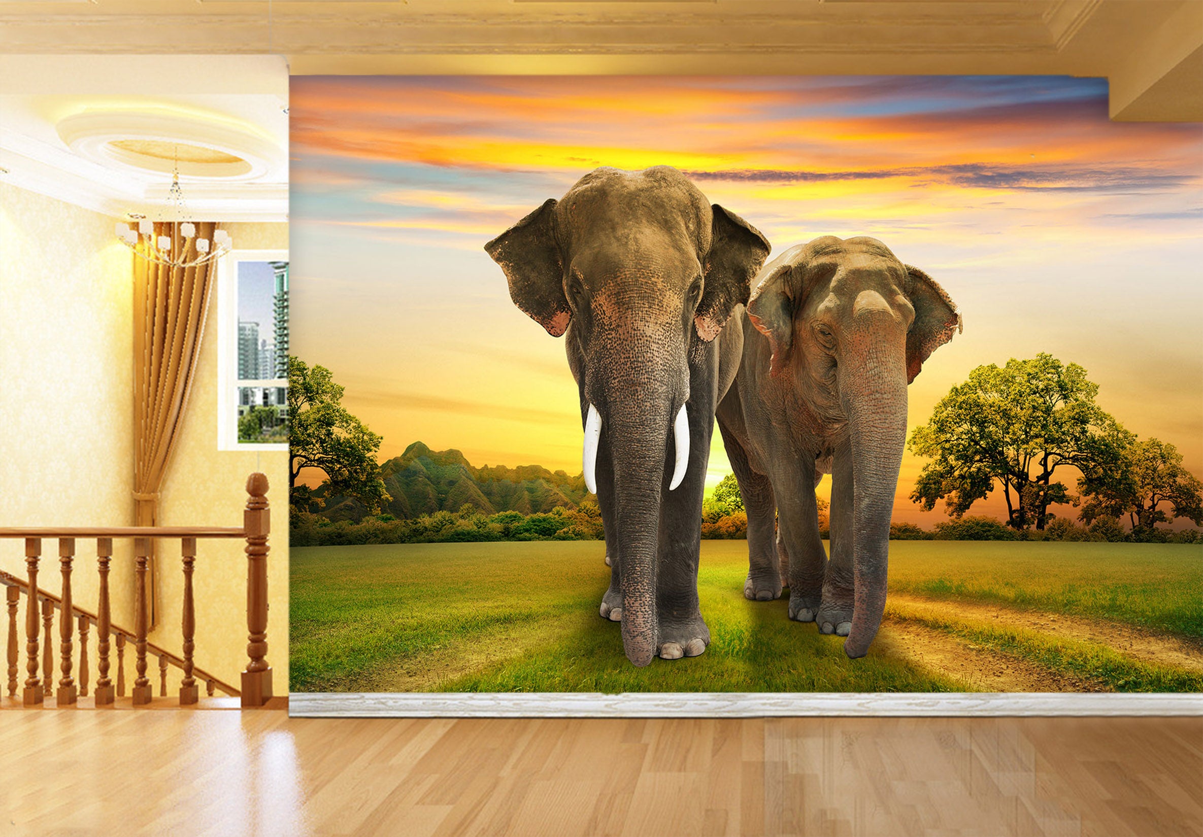 3D Dusk Elephant 339 Wall Murals