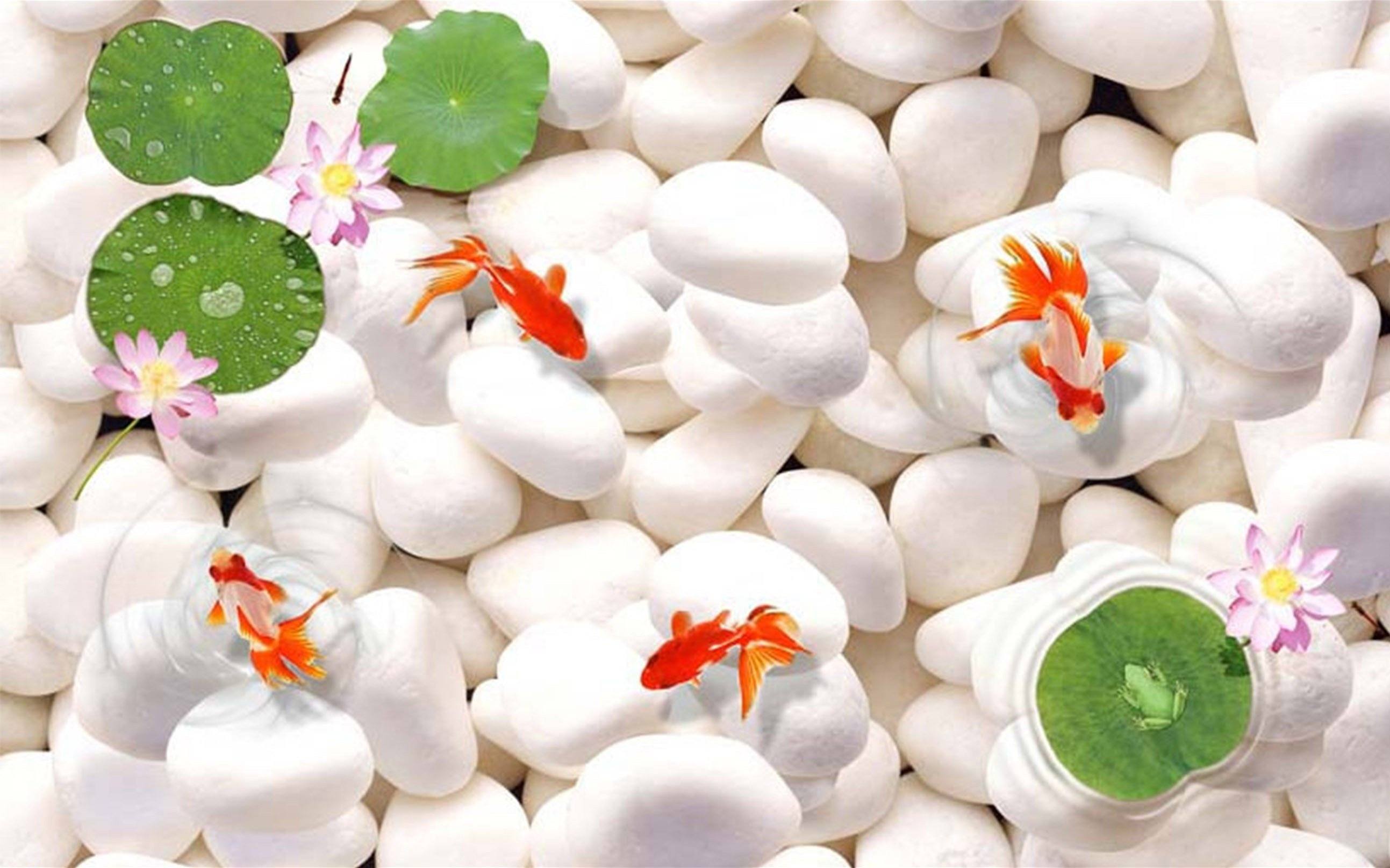 3D Pebbles Fishes Flowers 038 Kitchen Mat Floor Mural Wallpaper AJ Wallpaper 