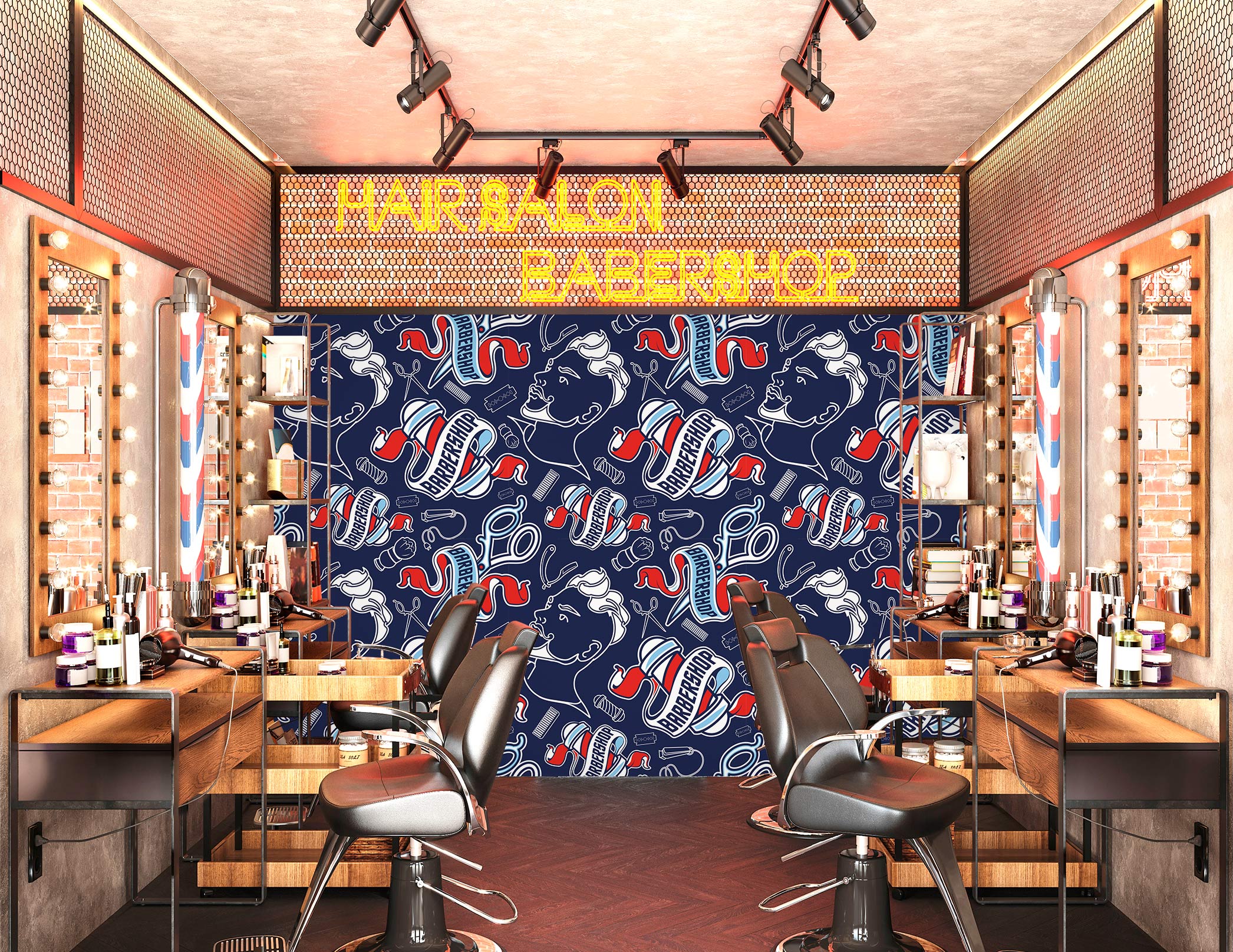 3D Men's Hairstyle Color Bar Scissors 115180 Barber Shop Wall Murals