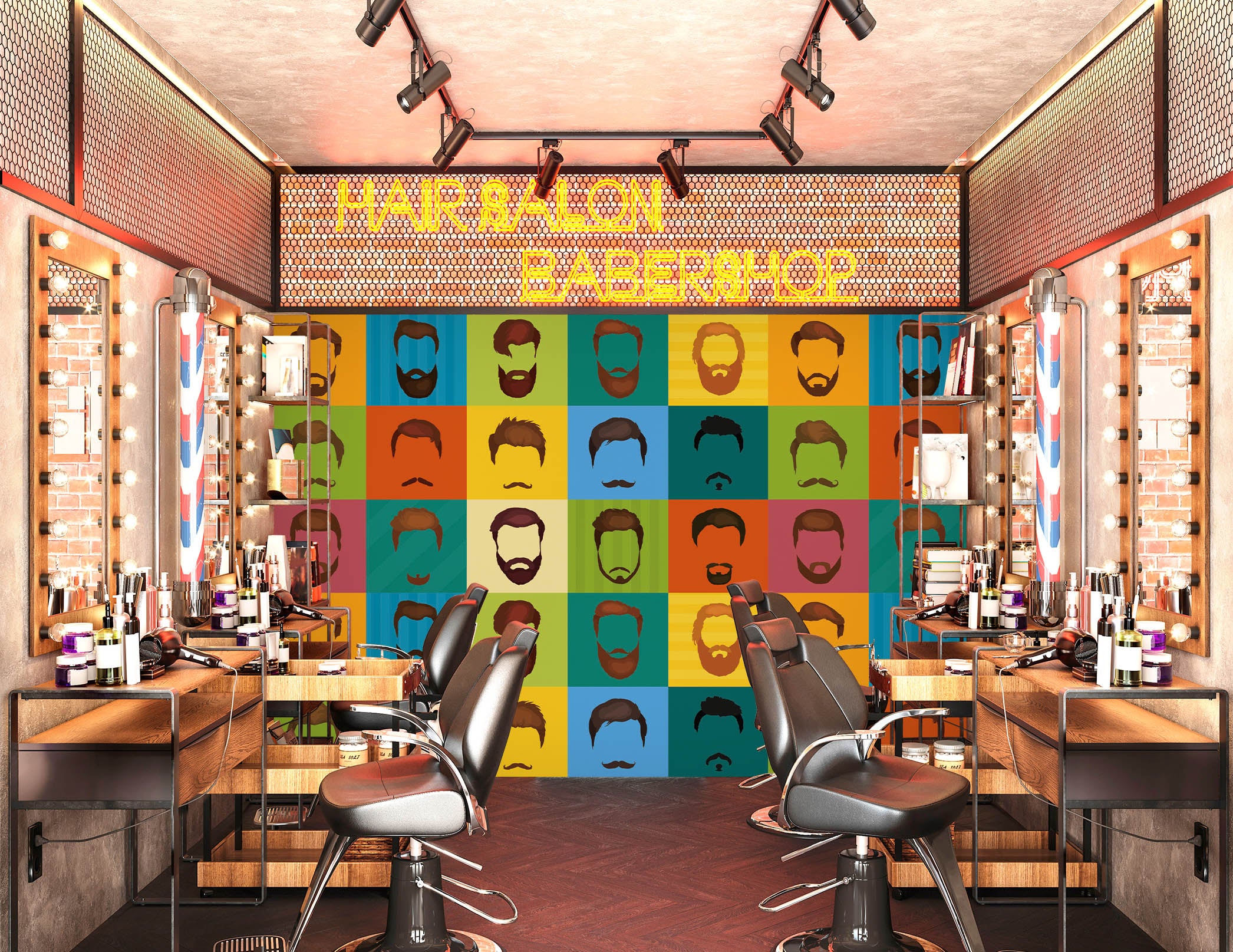 3D Colorful Hairstyle Squares 115151 Barber Shop Wall Murals