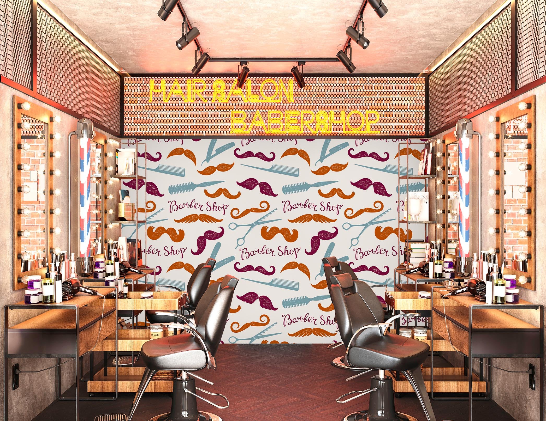 3D Colorful Beard Pattern 115135 Barber Shop Wall Murals