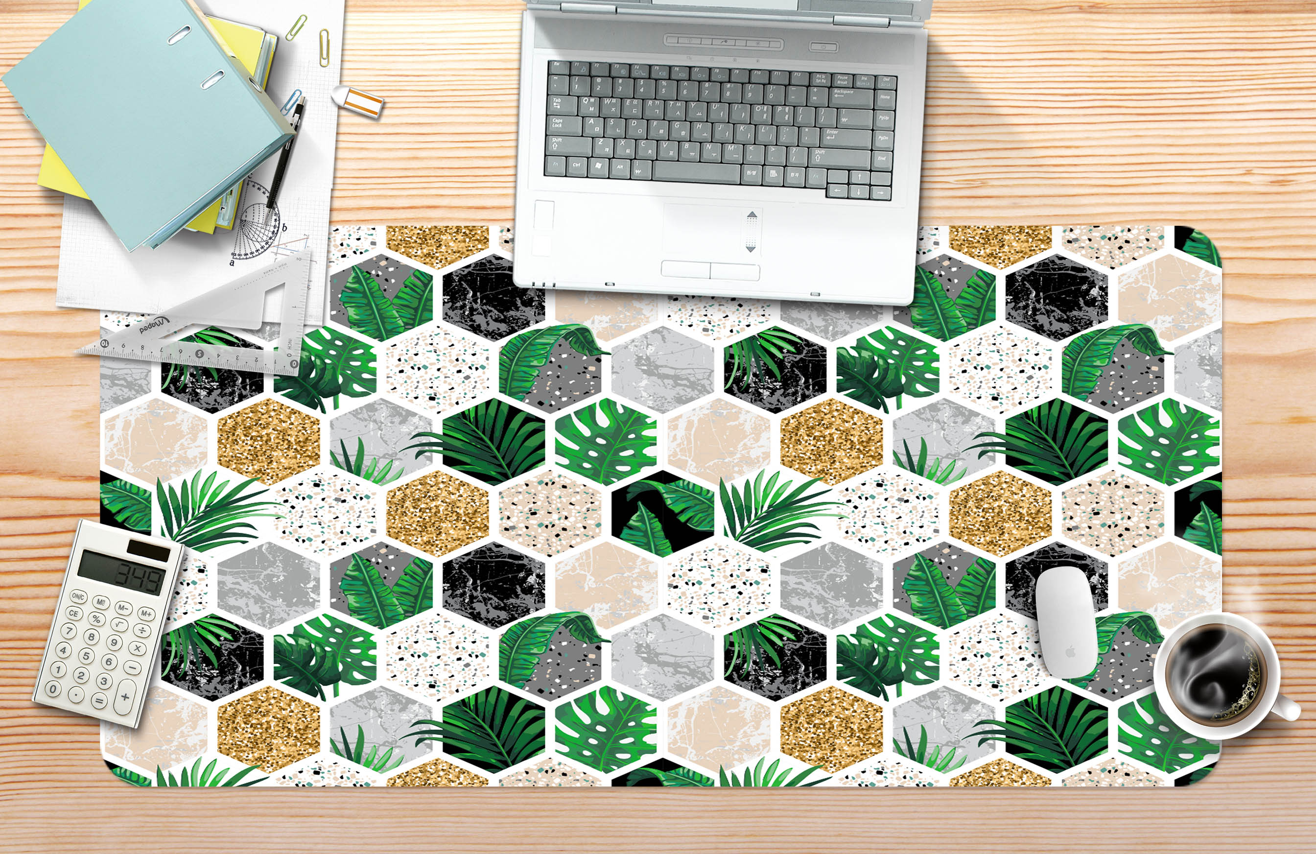3D Green Leaf Gold Hexagon 18041 Desk Mat