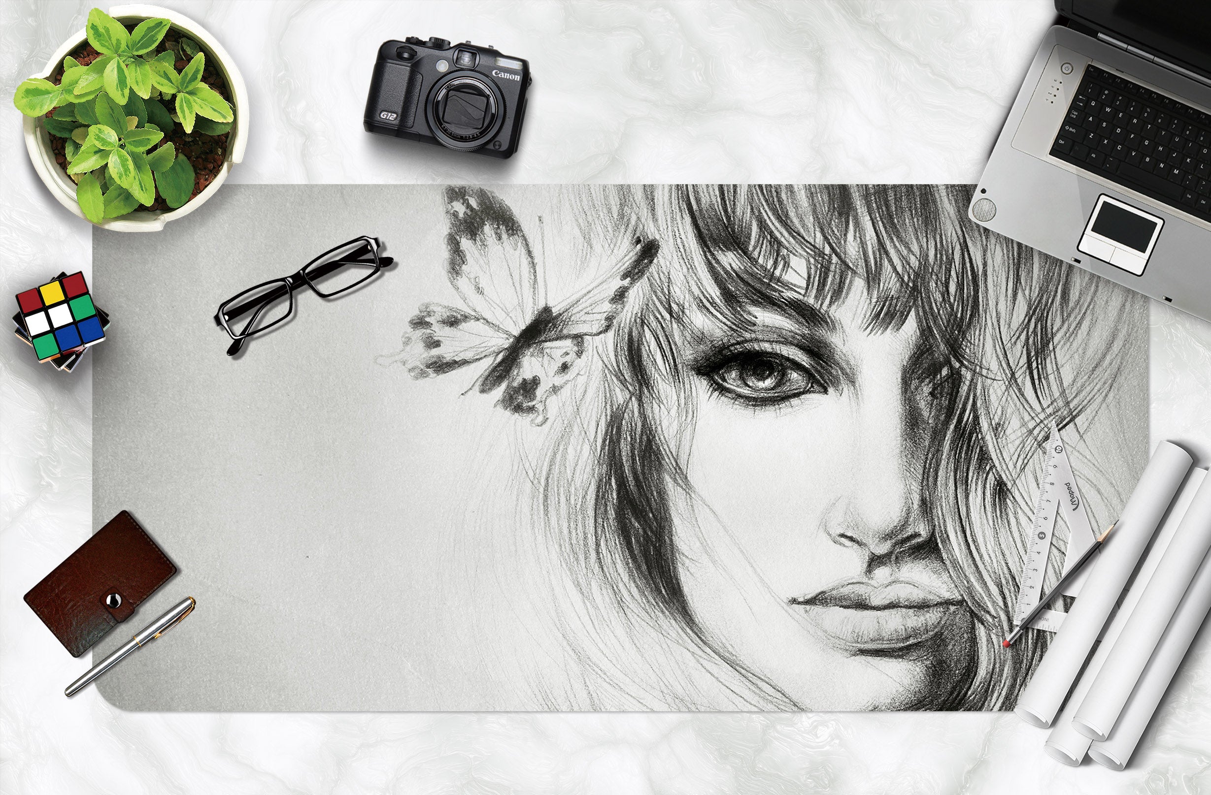 3D Grey Butterfly Girl 17108 Desk Mat