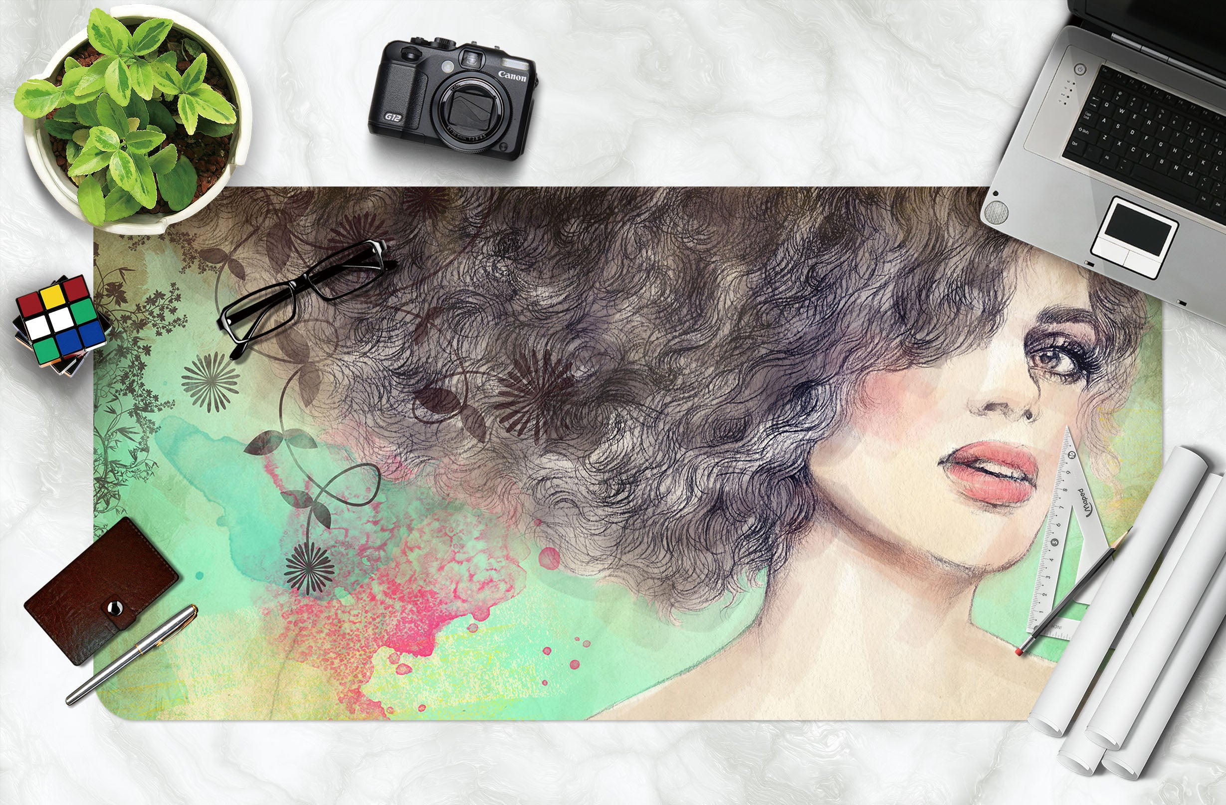 3D Girl With Curly Hair 17103 Desk Mat
