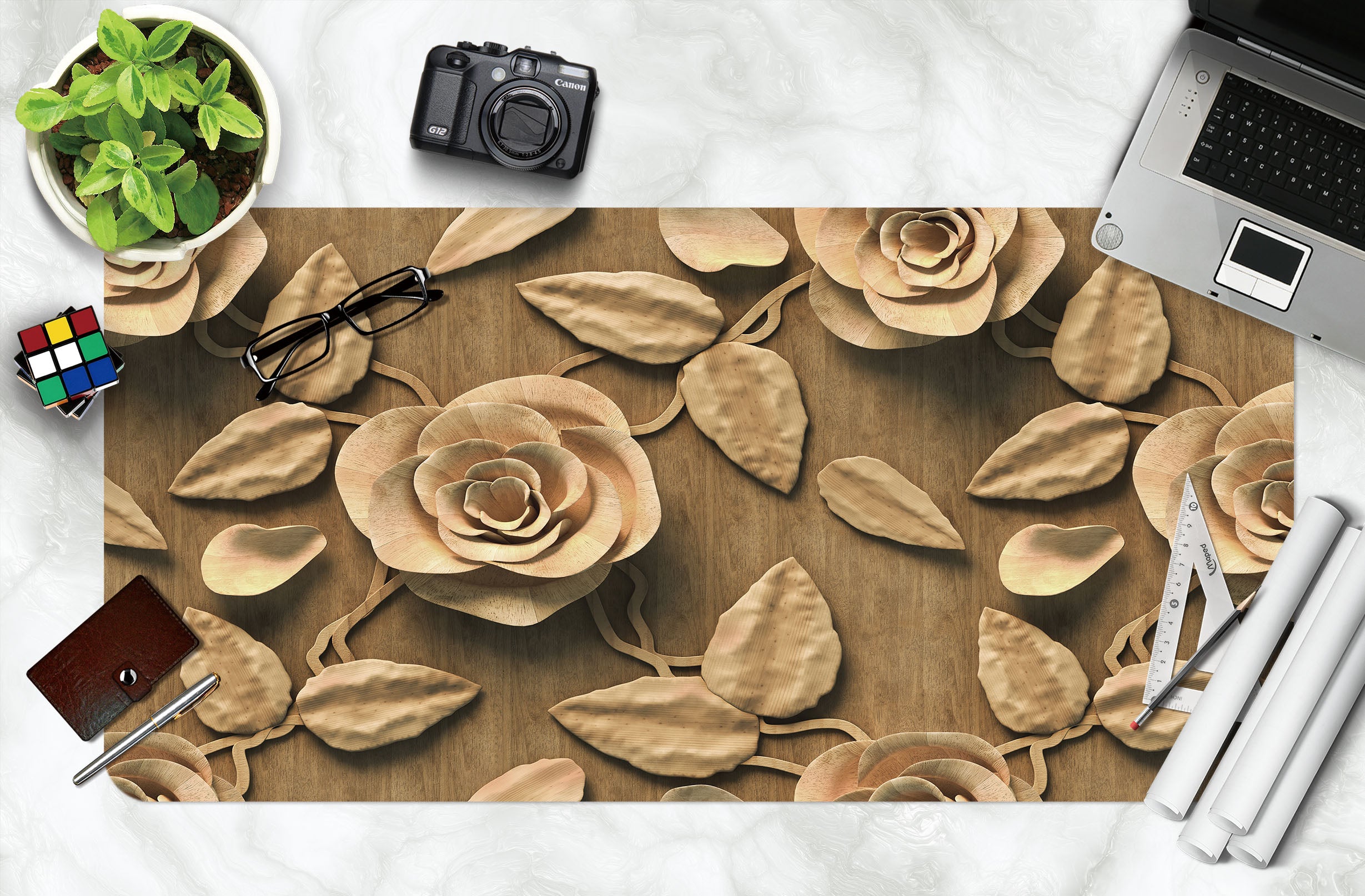 3D Woodcarving Rose 18023 Desk Mat