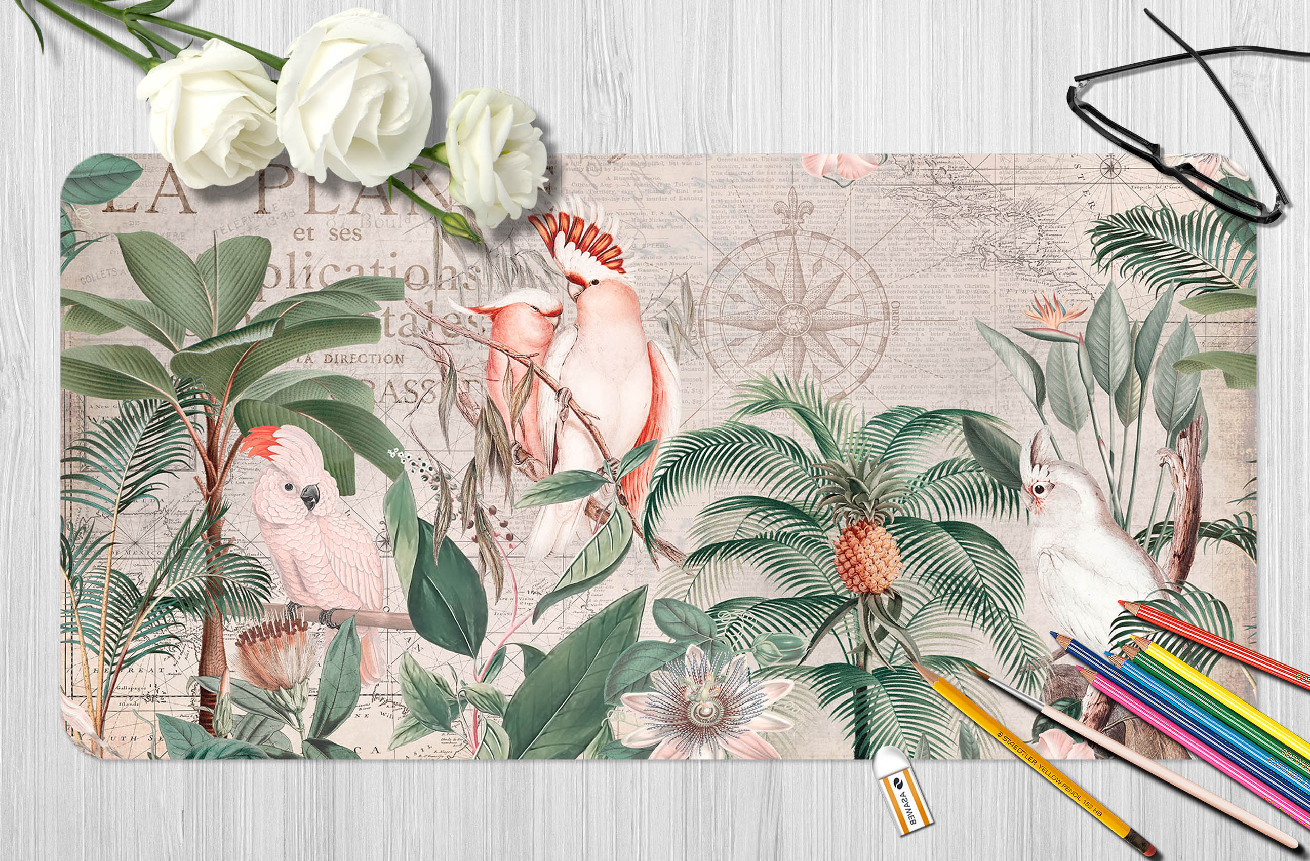 3D Pink Parrot Leaves 5242 Andrea Haase Desk Mat
