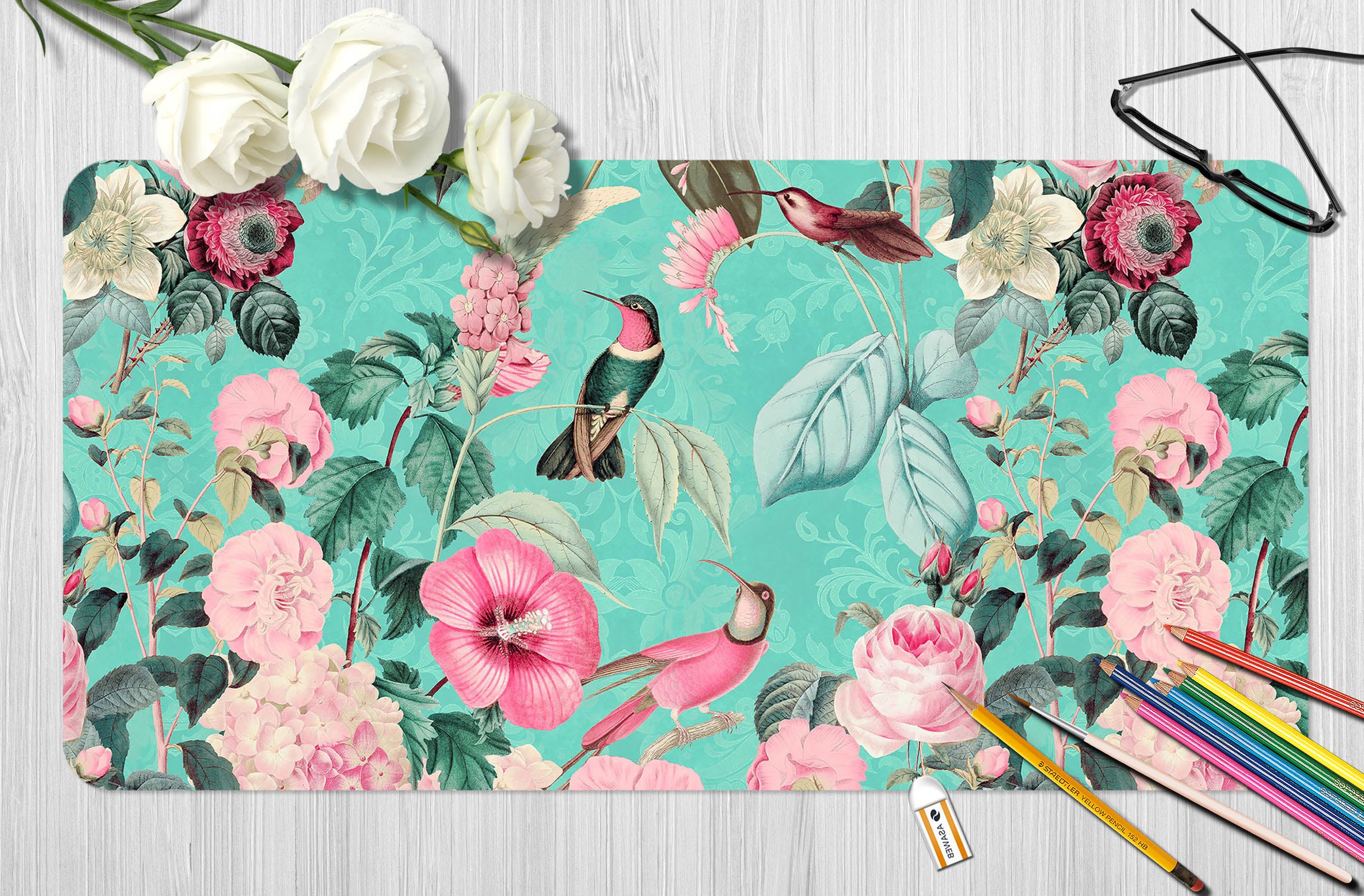 3D Pink Flower Bird 5221 Andrea Haase Desk Mat