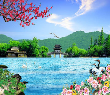 3D Blue Lake Pavilion 146 Wallpaper AJ Wallpaper 