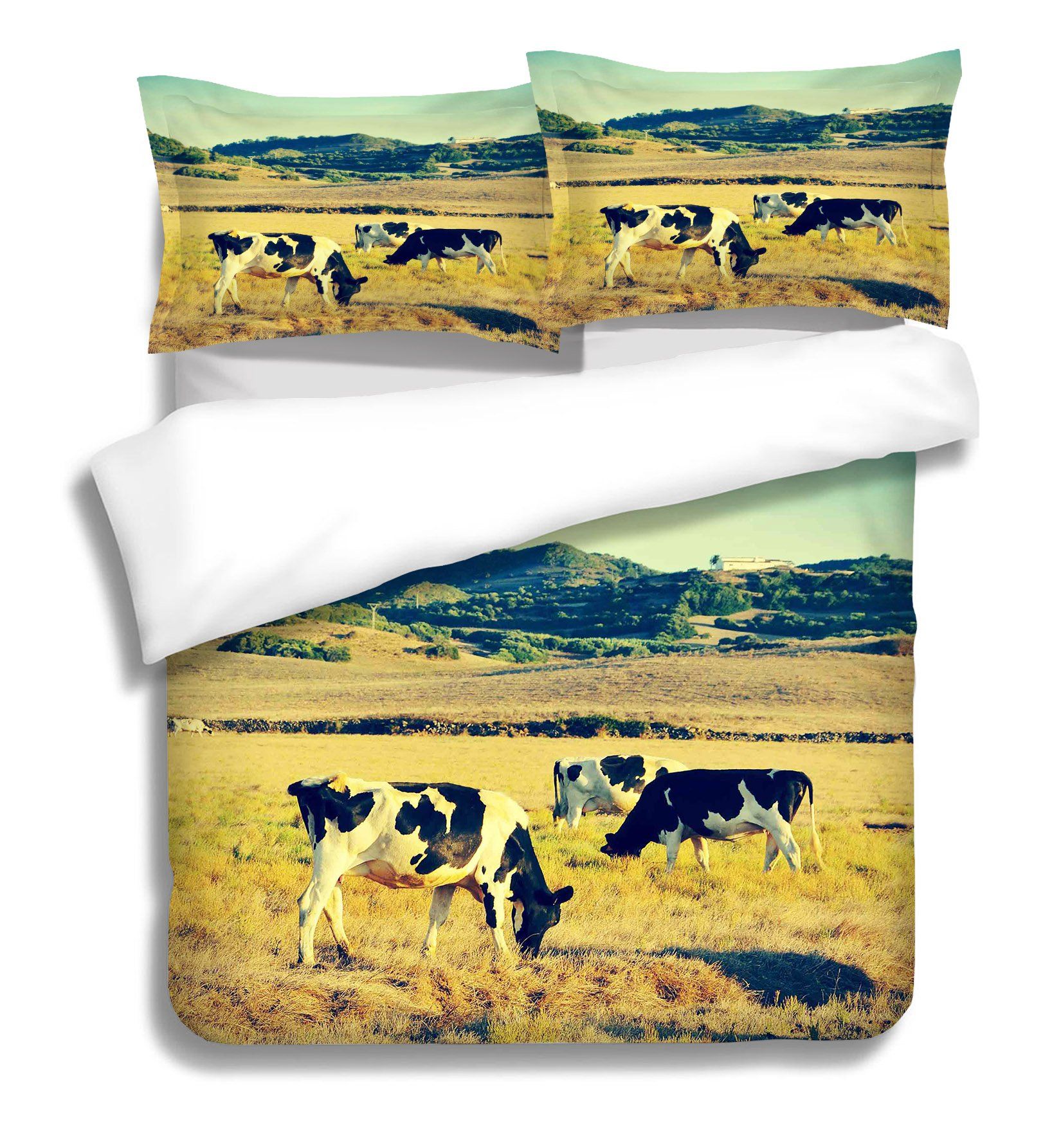 3D Cow Eating Grass 005 Bed Pillowcases Quilt Wallpaper AJ Wallpaper 
