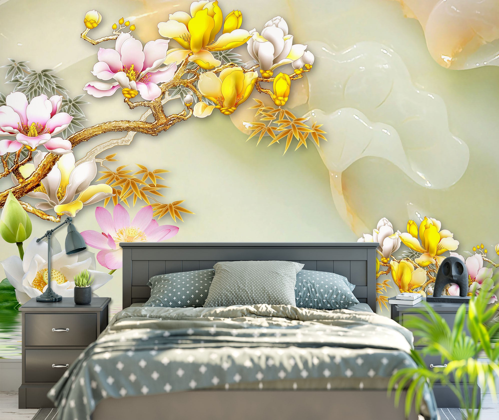 3D Golden Flowers 1633 Wall Murals