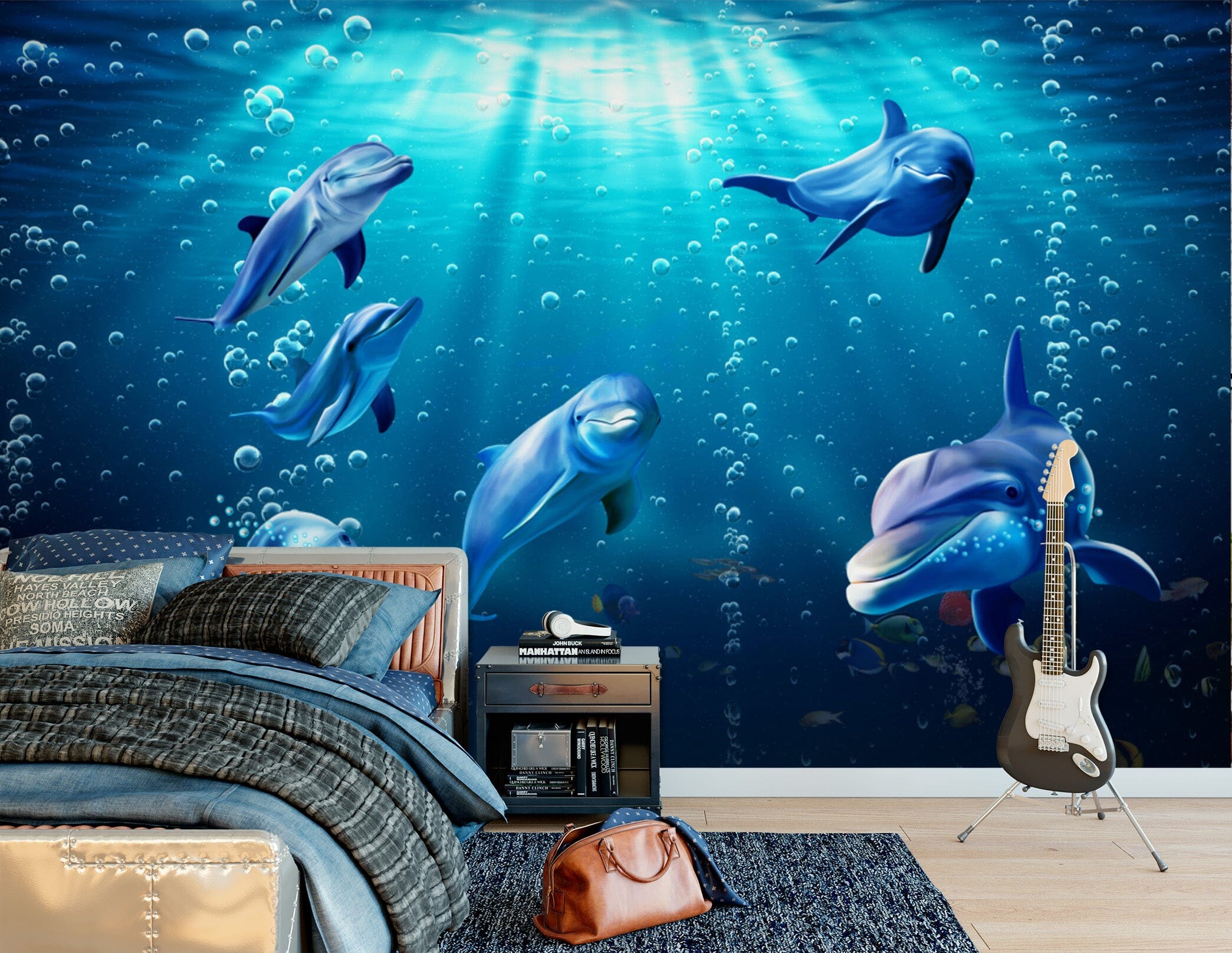 3D Dolphin Swimming 1639 Wall Murals Wallpaper AJ Wallpaper 2 