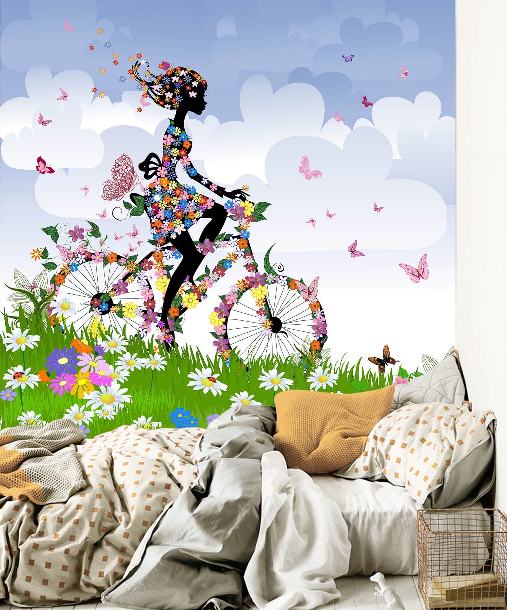 3D Flower Girl Bicycle 005 Wall Murals Wallpaper AJ Wallpaper 2 