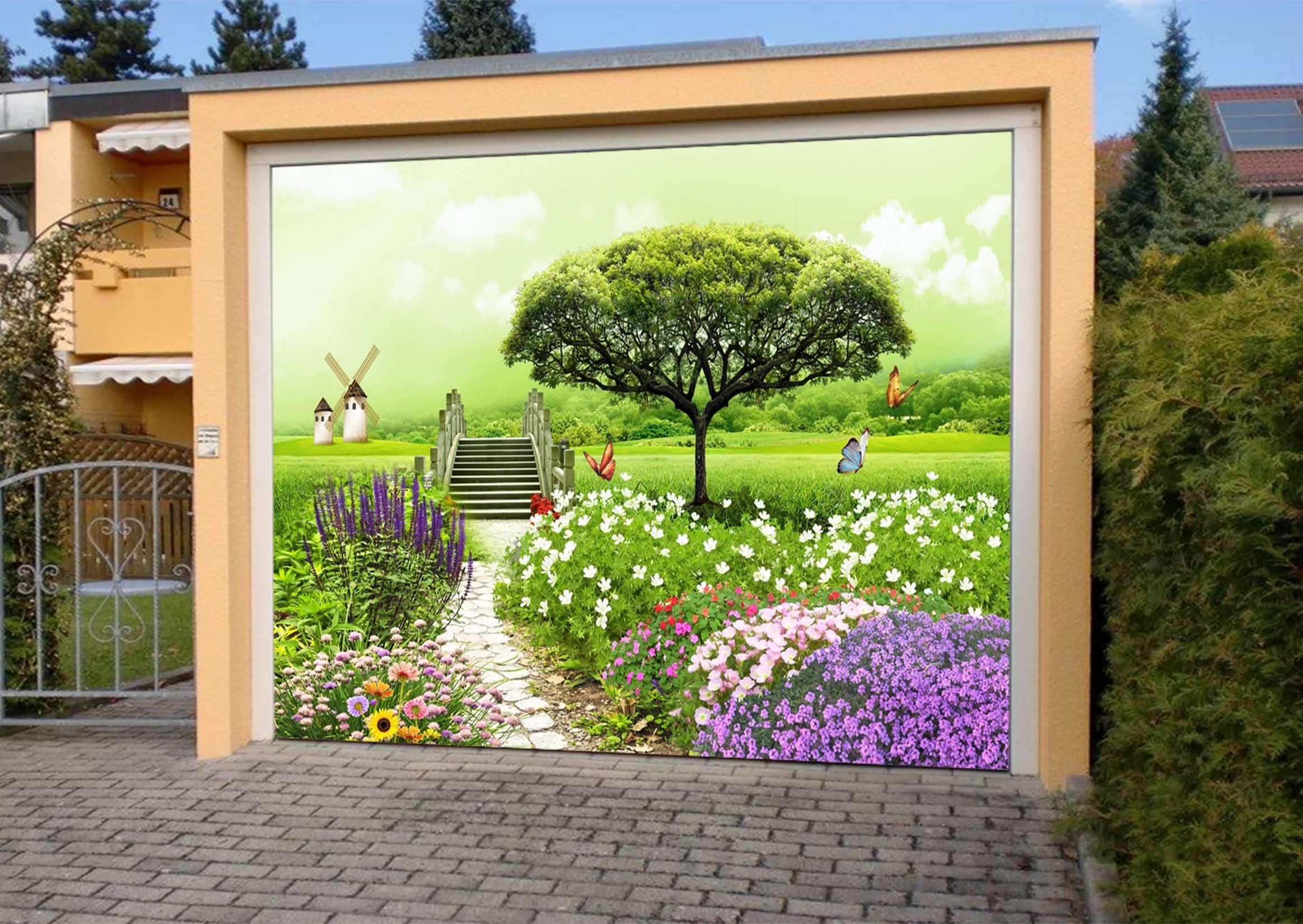 3D Flowers Butterflies Tree 370 Garage Door Mural Wallpaper AJ Wallpaper 