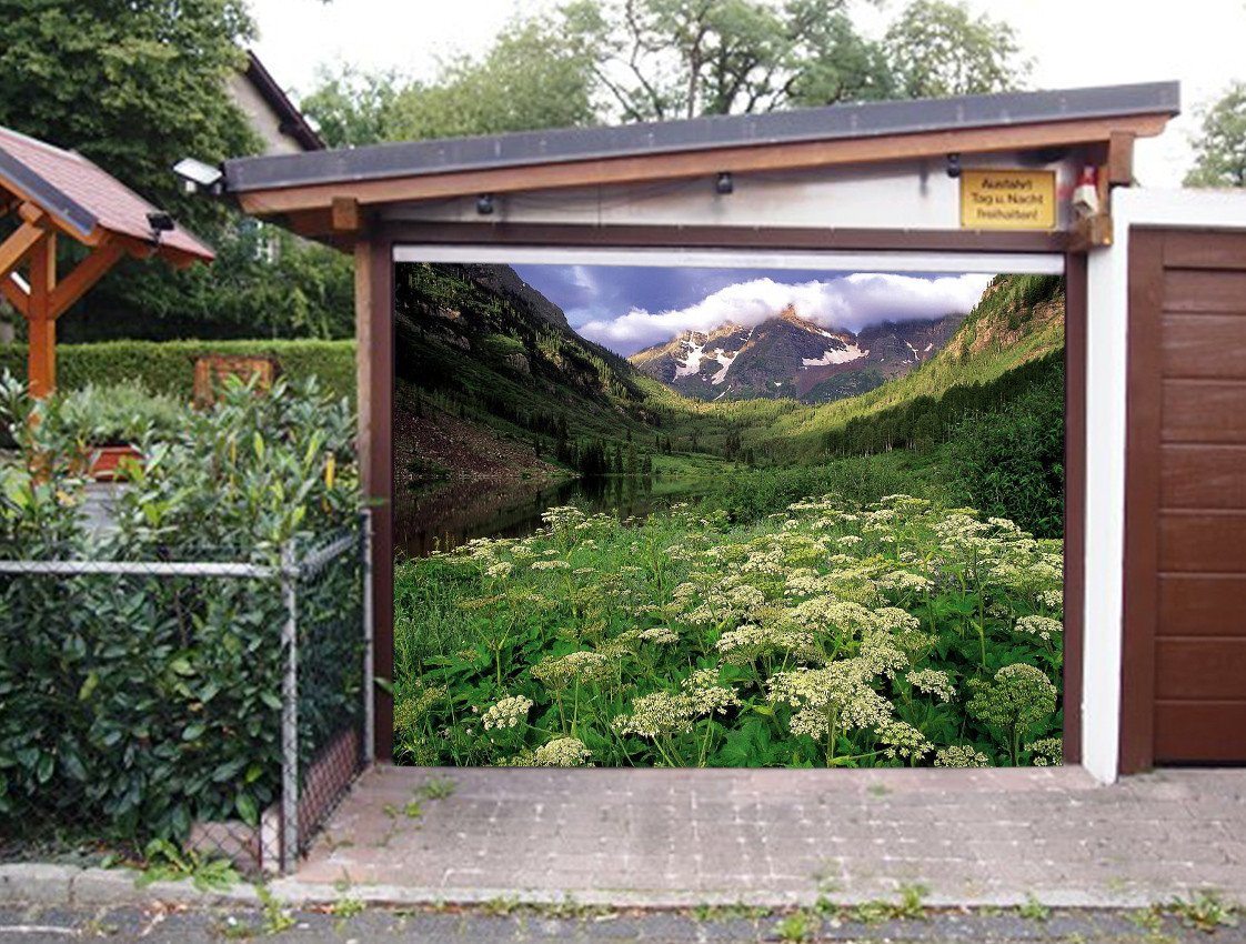 3D Mountains Lake Flowers 101 Garage Door Mural Wallpaper AJ Wallpaper 