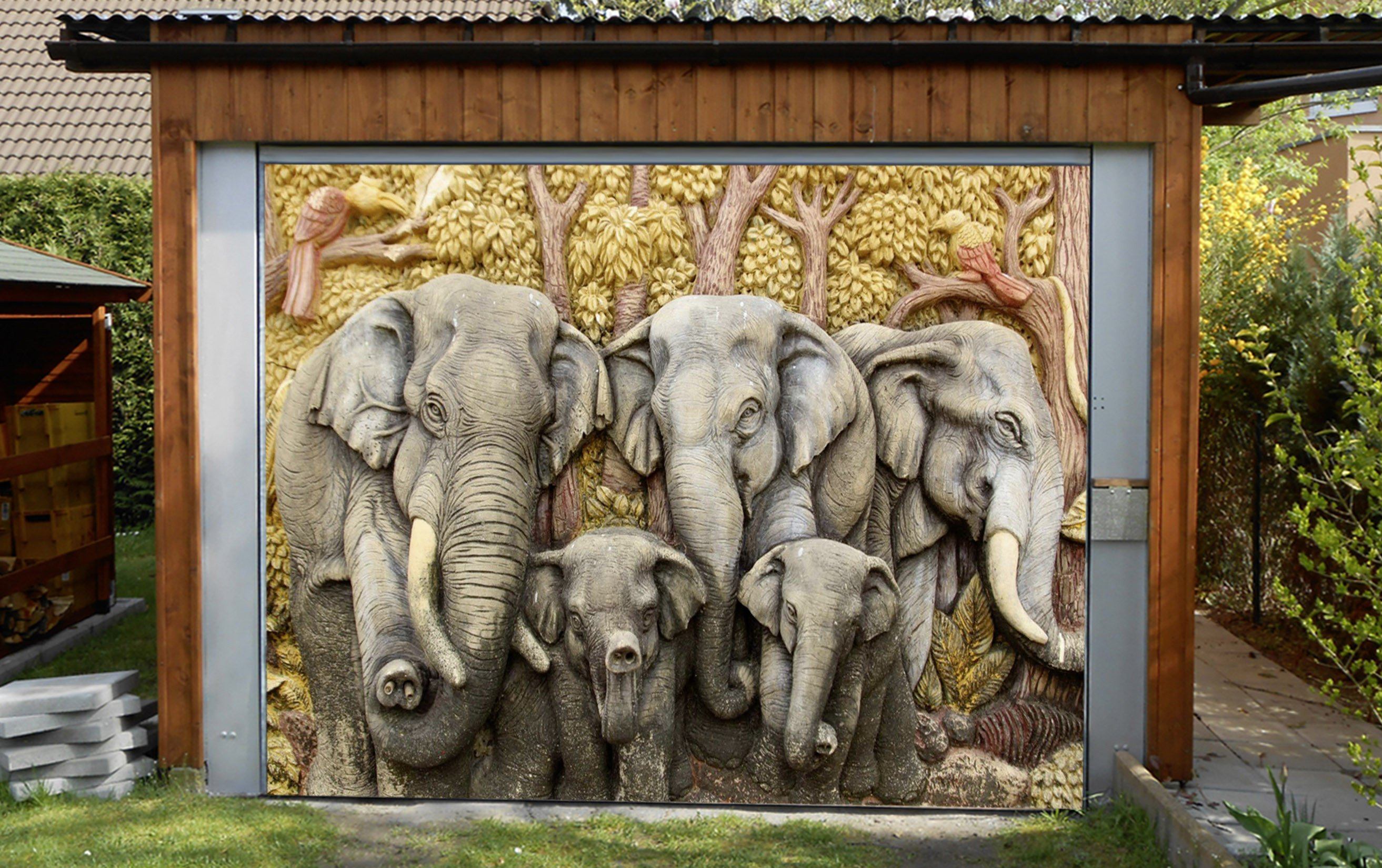 3D Elephants Carvings 392 Garage Door Mural Wallpaper AJ Wallpaper 