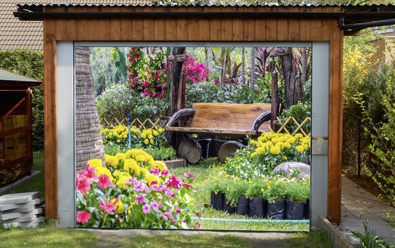 3D Flowers Trees Bench 127 Garage Door Mural Wallpaper AJ Wallpaper 