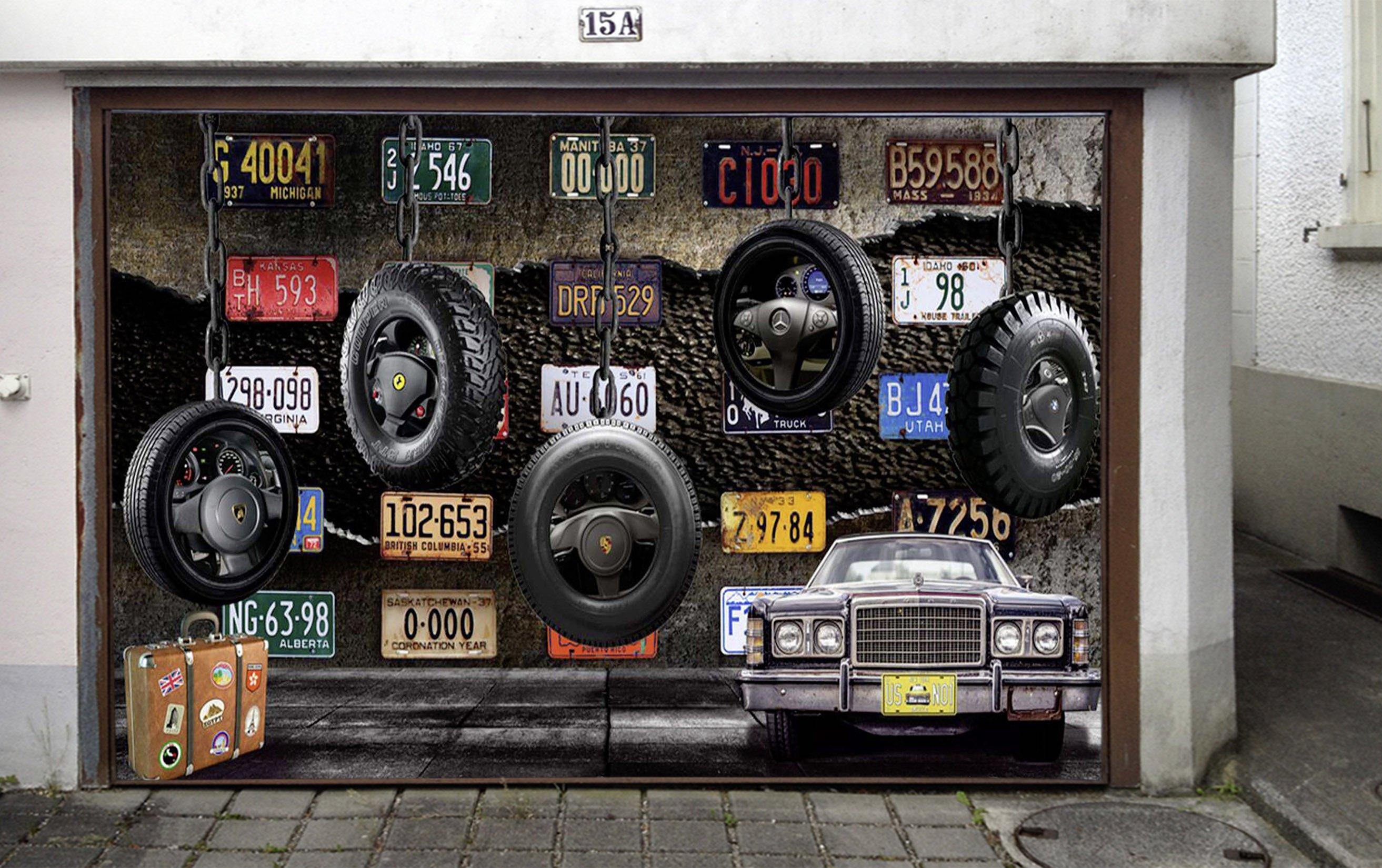 3D Car Tires License Plates 365 Garage Door Mural Wallpaper AJ Wallpaper 