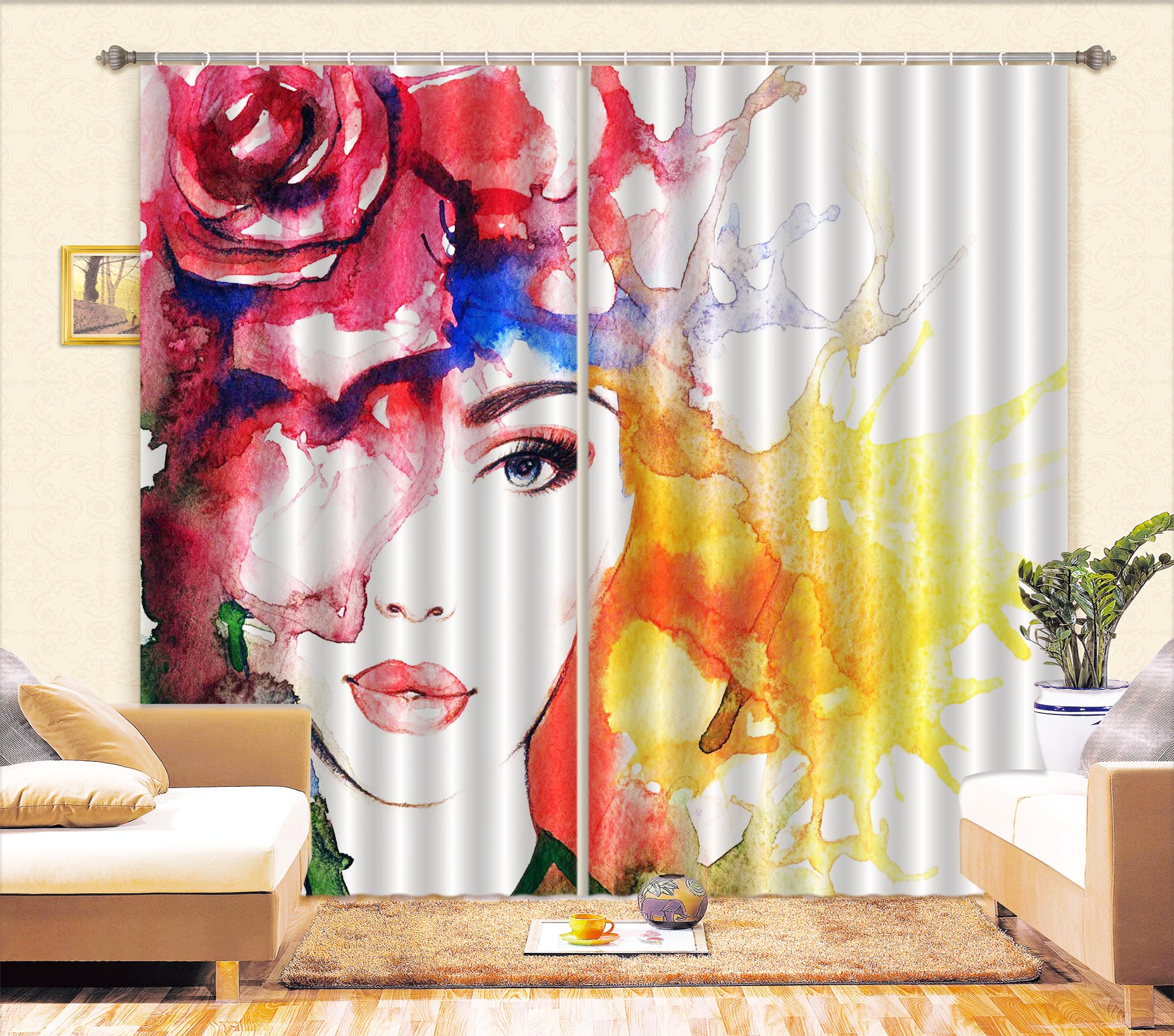 3D Red Rose Woman 013 Curtains Drapes