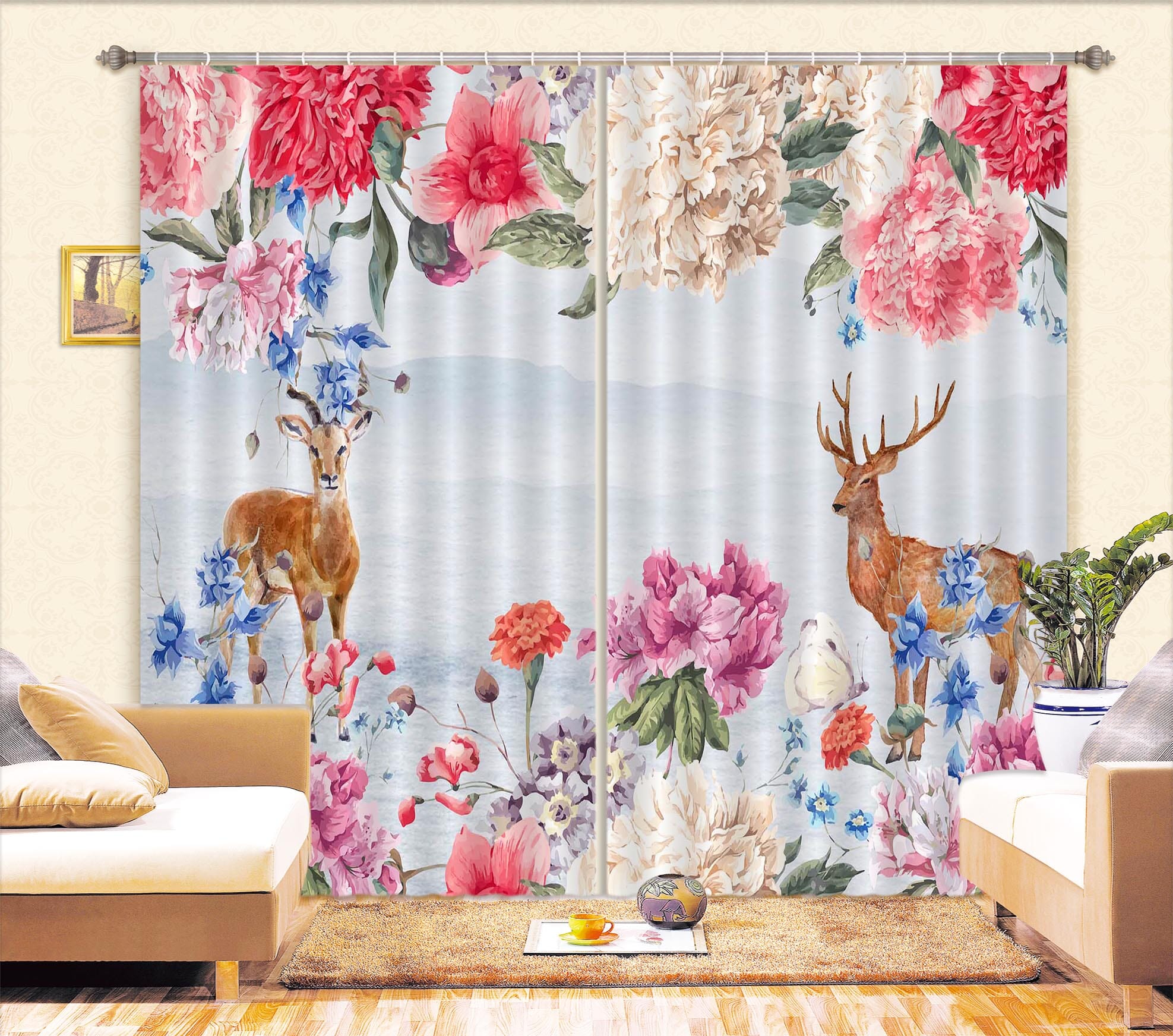 3D Flower Deer 863 Curtains Drapes Wallpaper AJ Wallpaper 