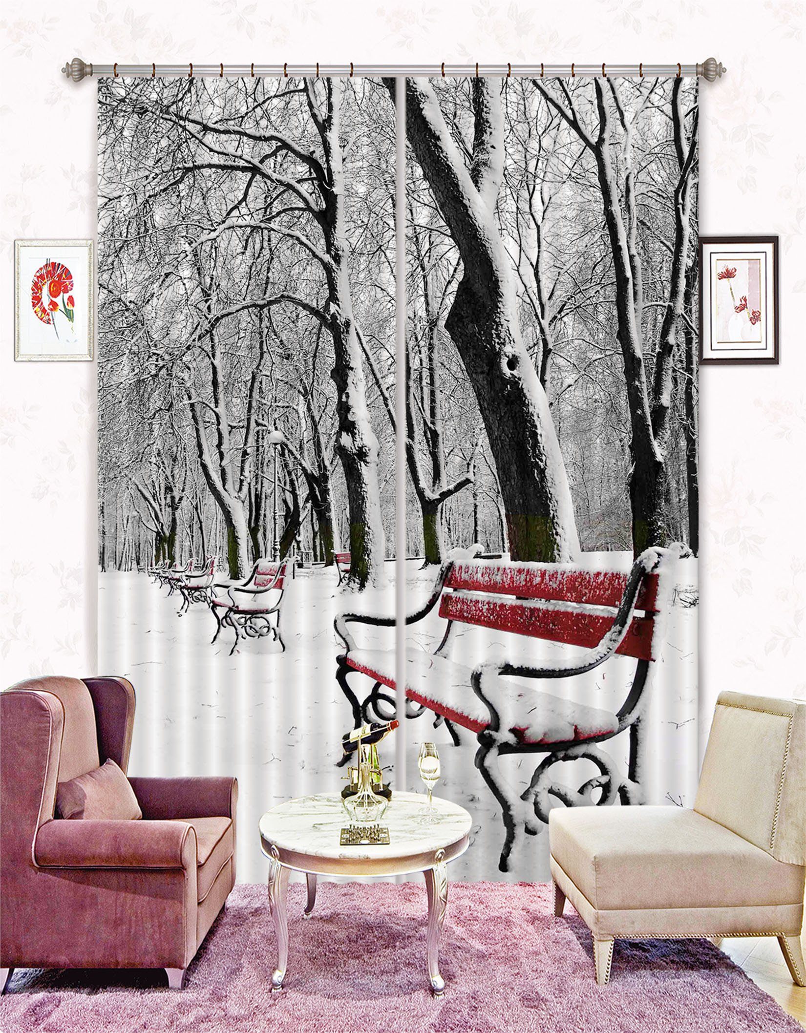 3D Snow Forest Benches 42 Curtains Drapes Wallpaper AJ Wallpaper 