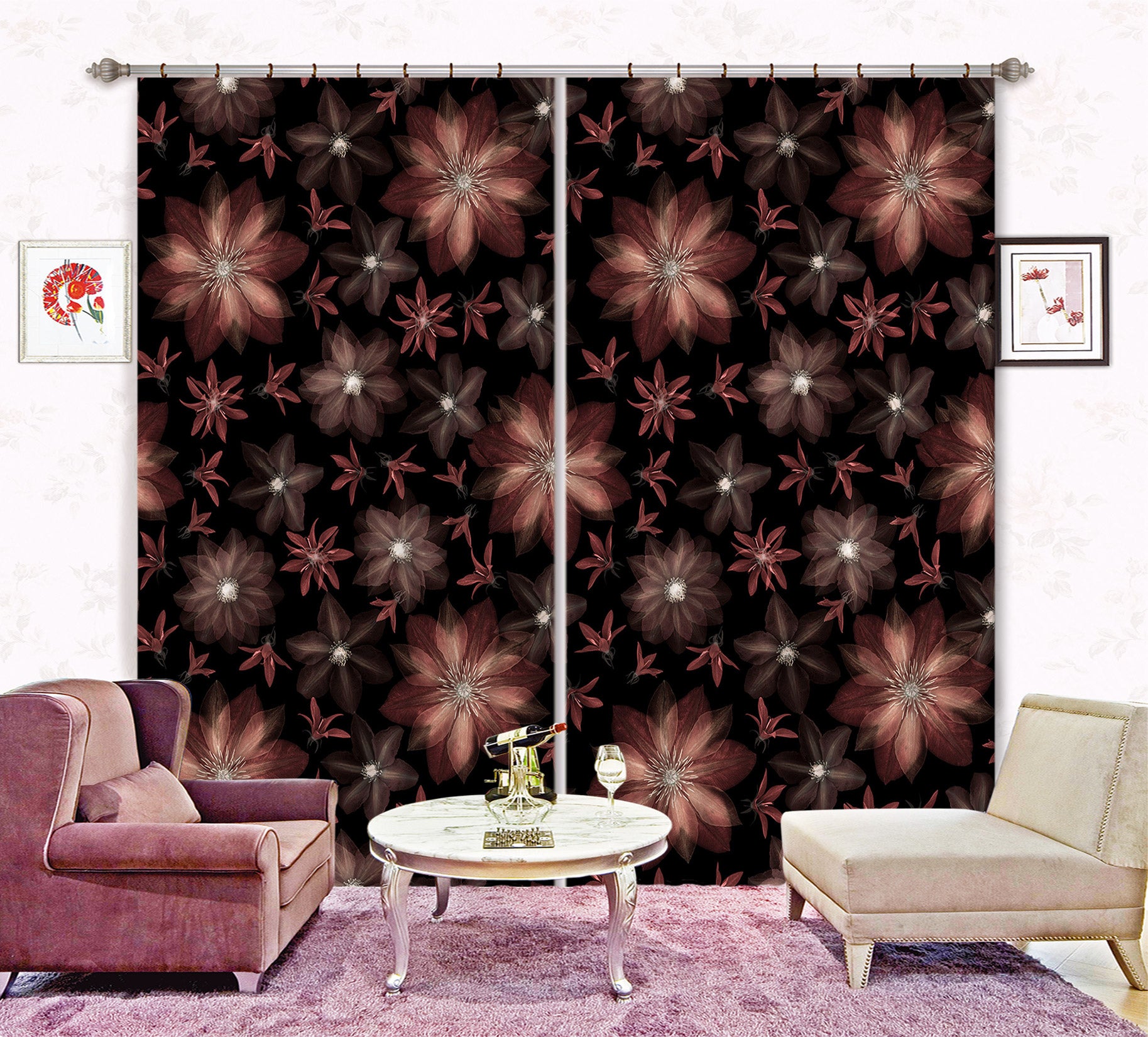 3D RedFlower 100 Assaf Frank Curtain Curtains Drapes