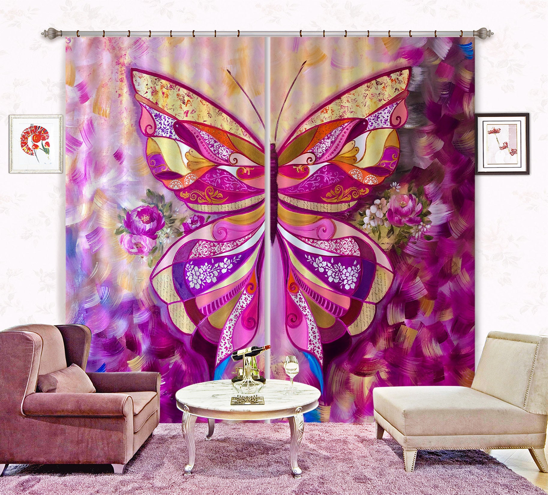 3D Pink Butterfly Petals 2392 Skromova Marina Curtain Curtains Drapes