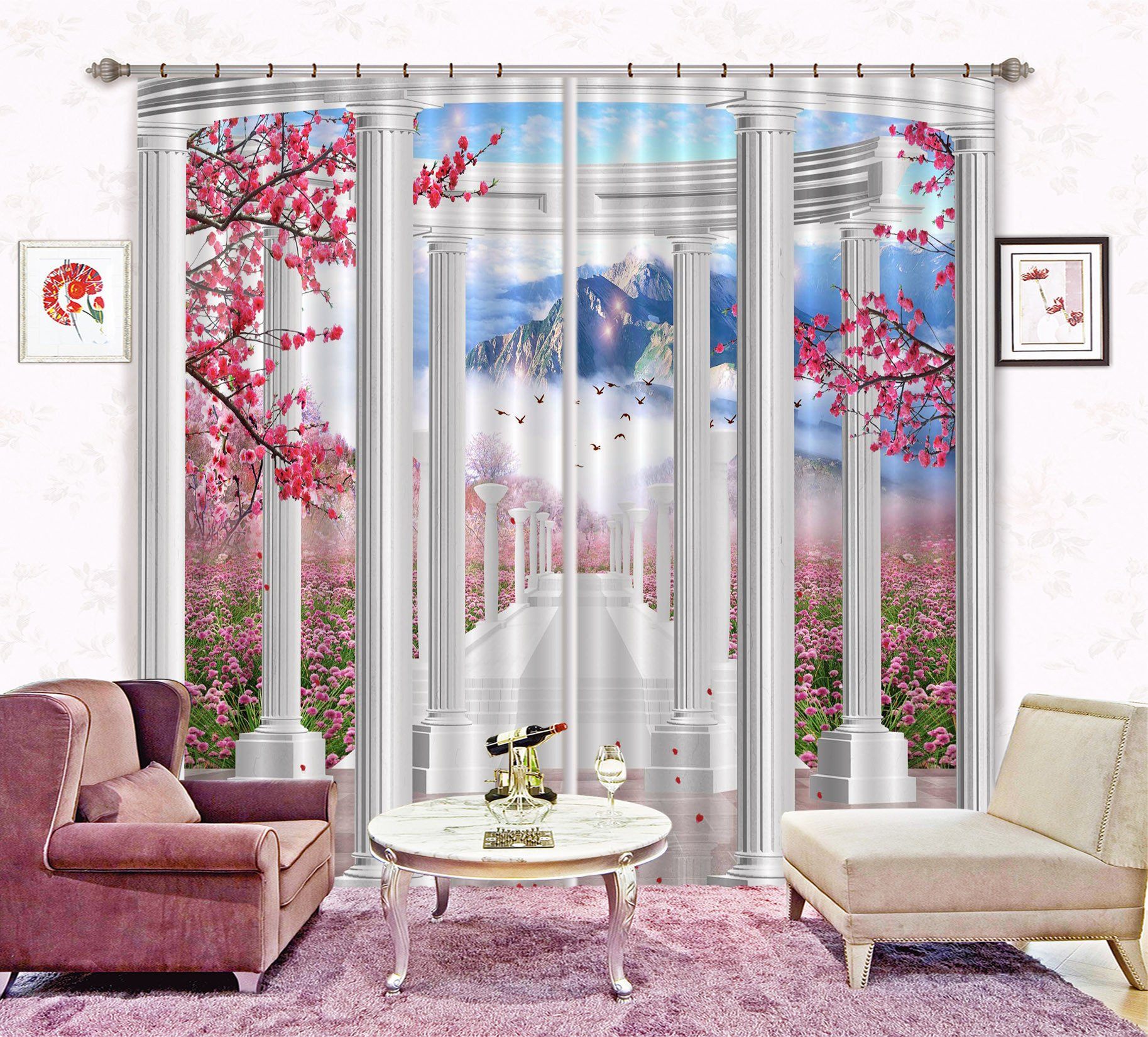 3D Pillars Corridor Flowers Curtains Drapes Wallpaper AJ Wallpaper 