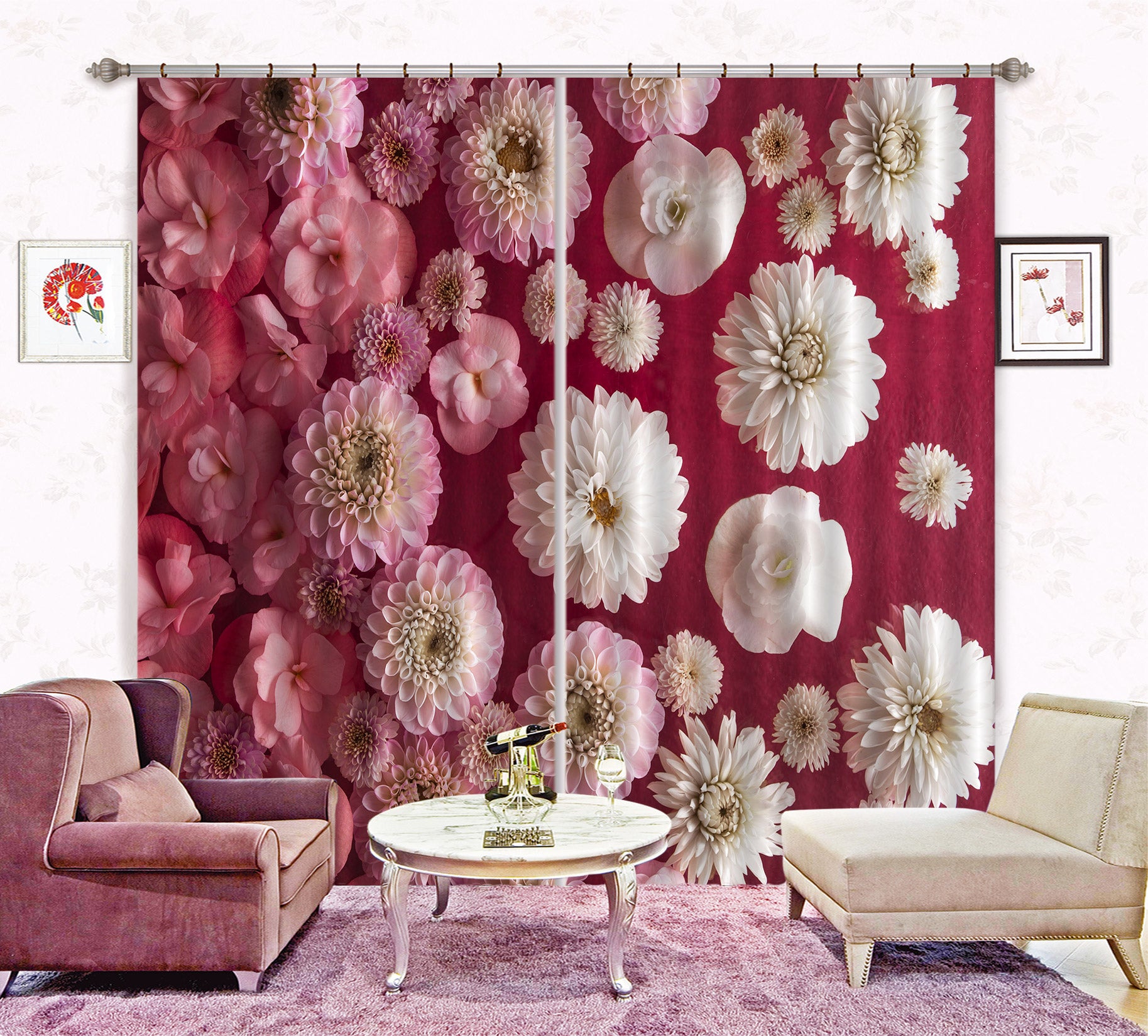 3D White Chrysanthemum 010 Assaf Frank Curtain Curtains Drapes