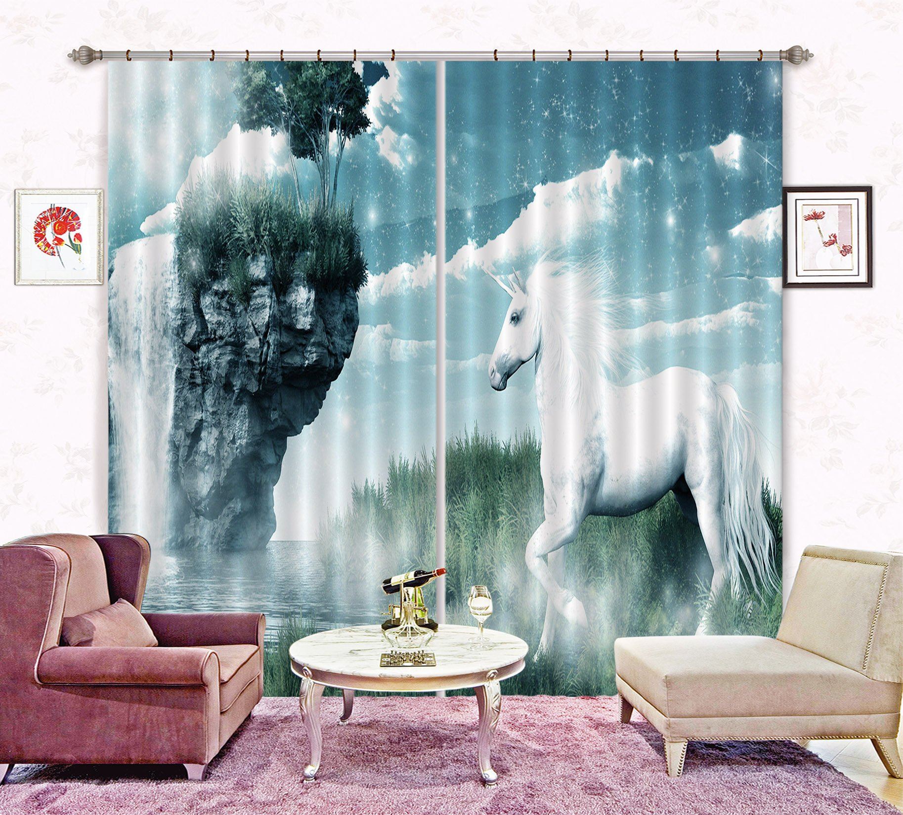 3D Waterfall Unicorns 104 Curtains Drapes Curtains AJ Creativity Home 
