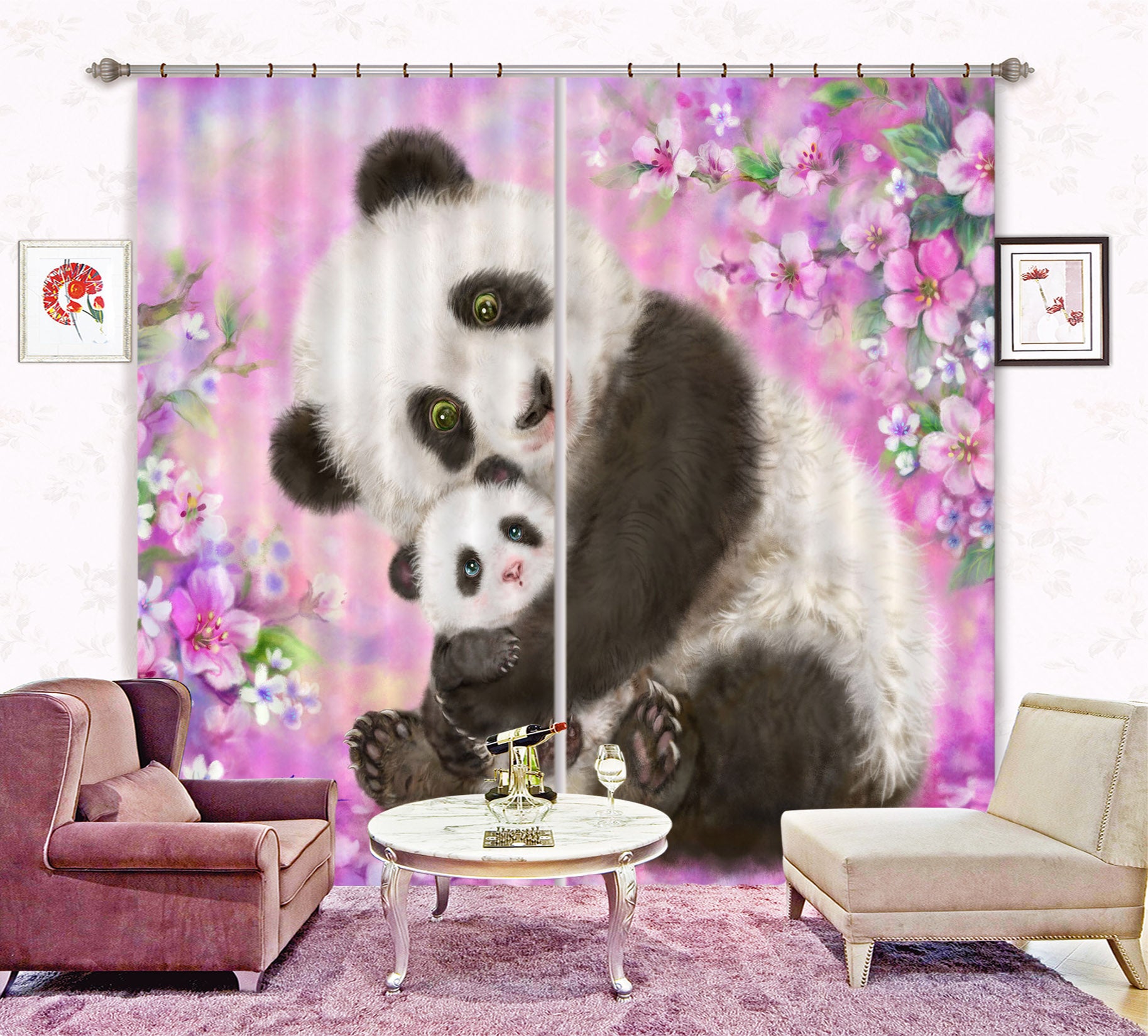 3D Pink Flower Panda 9044 Kayomi Harai Curtain Curtains Drapes