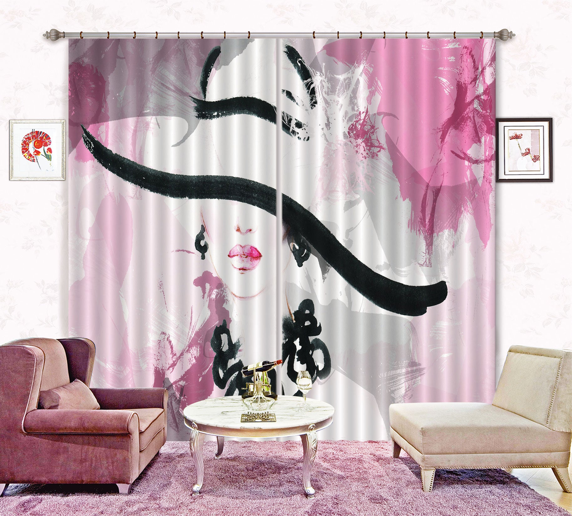 3D White Hat Lady 014 Curtains Drapes