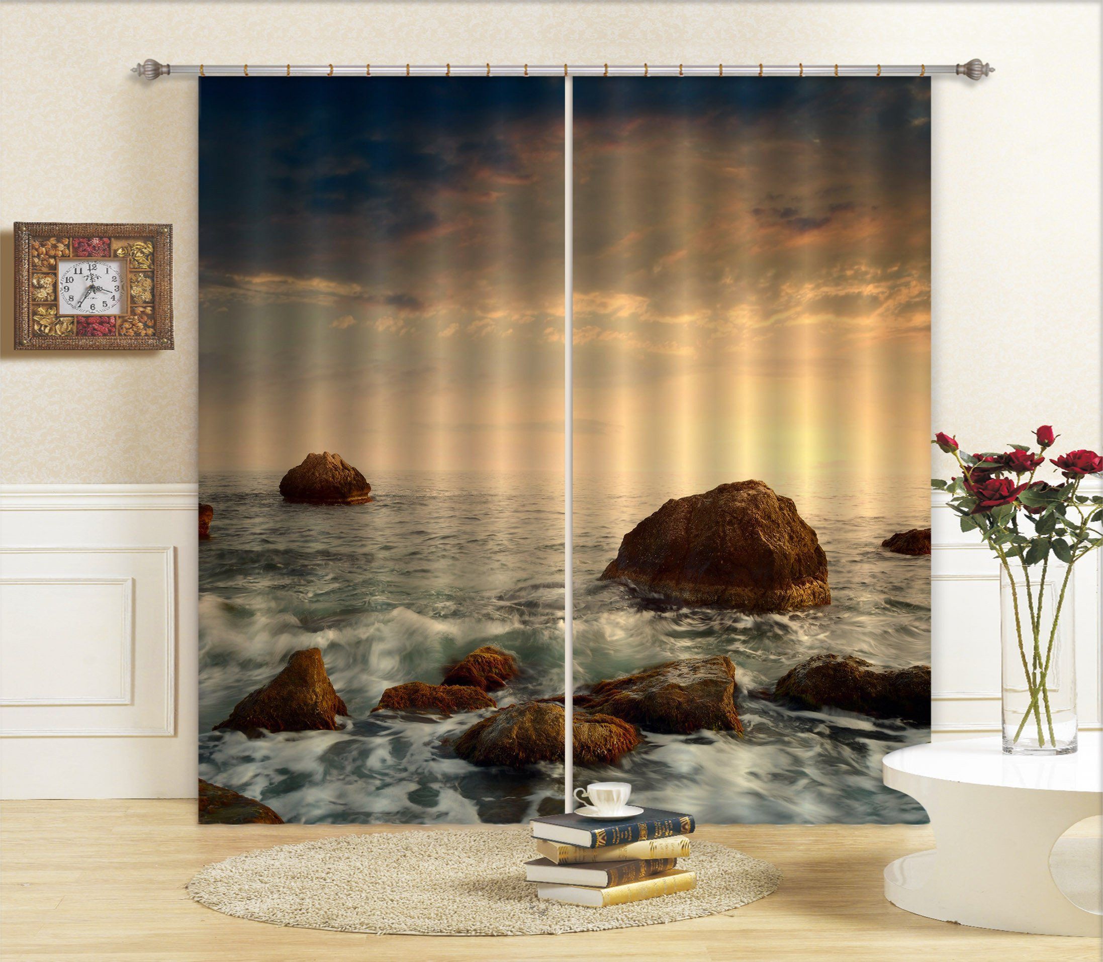 3D Dusk Sea Stones 681 Curtains Drapes Wallpaper AJ Wallpaper 