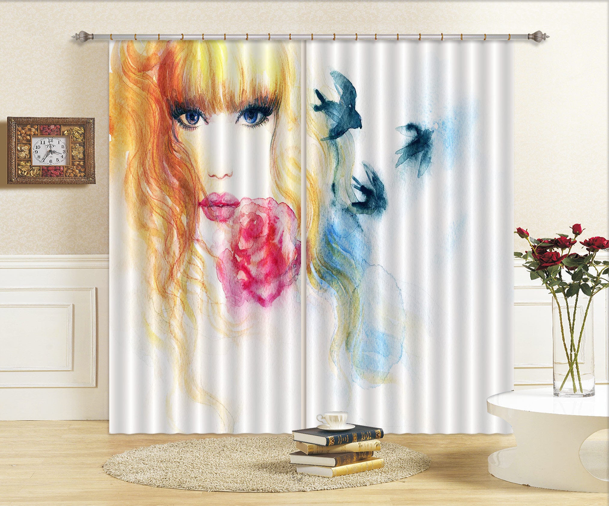 3D Rose Woman 010 Curtains Drapes
