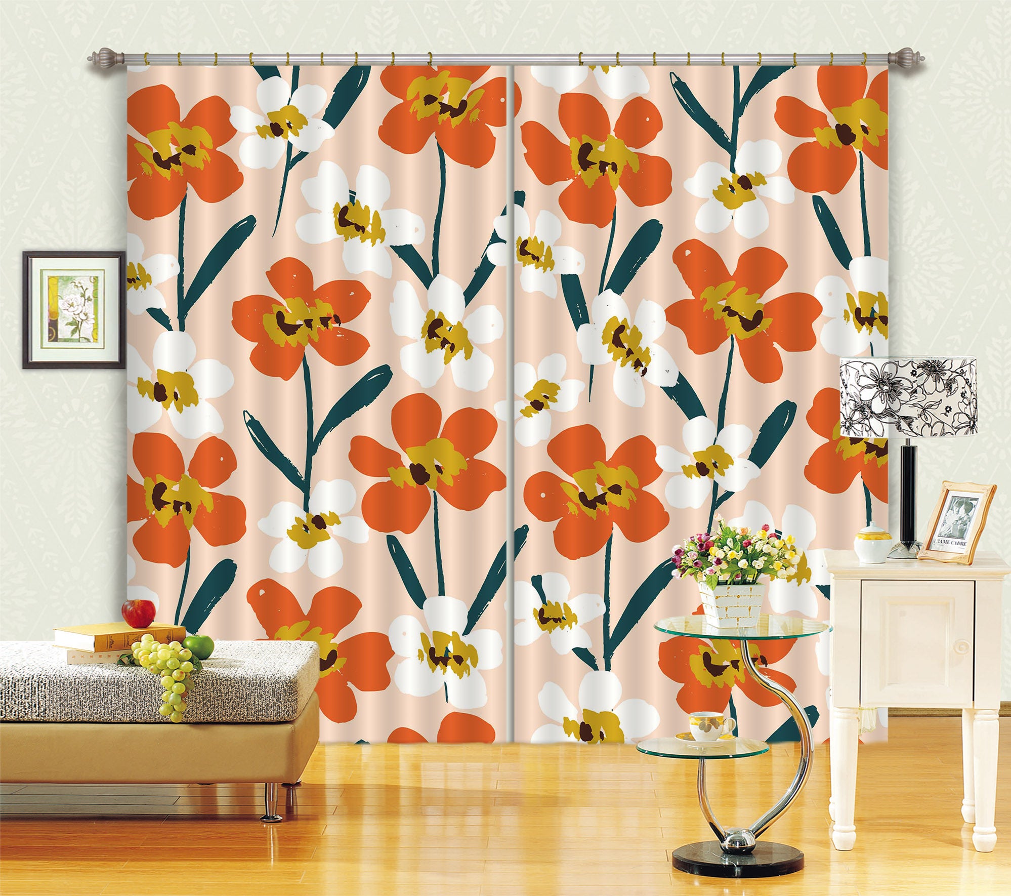 3D Orange White Flowers 11136 Kashmira Jayaprakash Curtain Curtains Drapes
