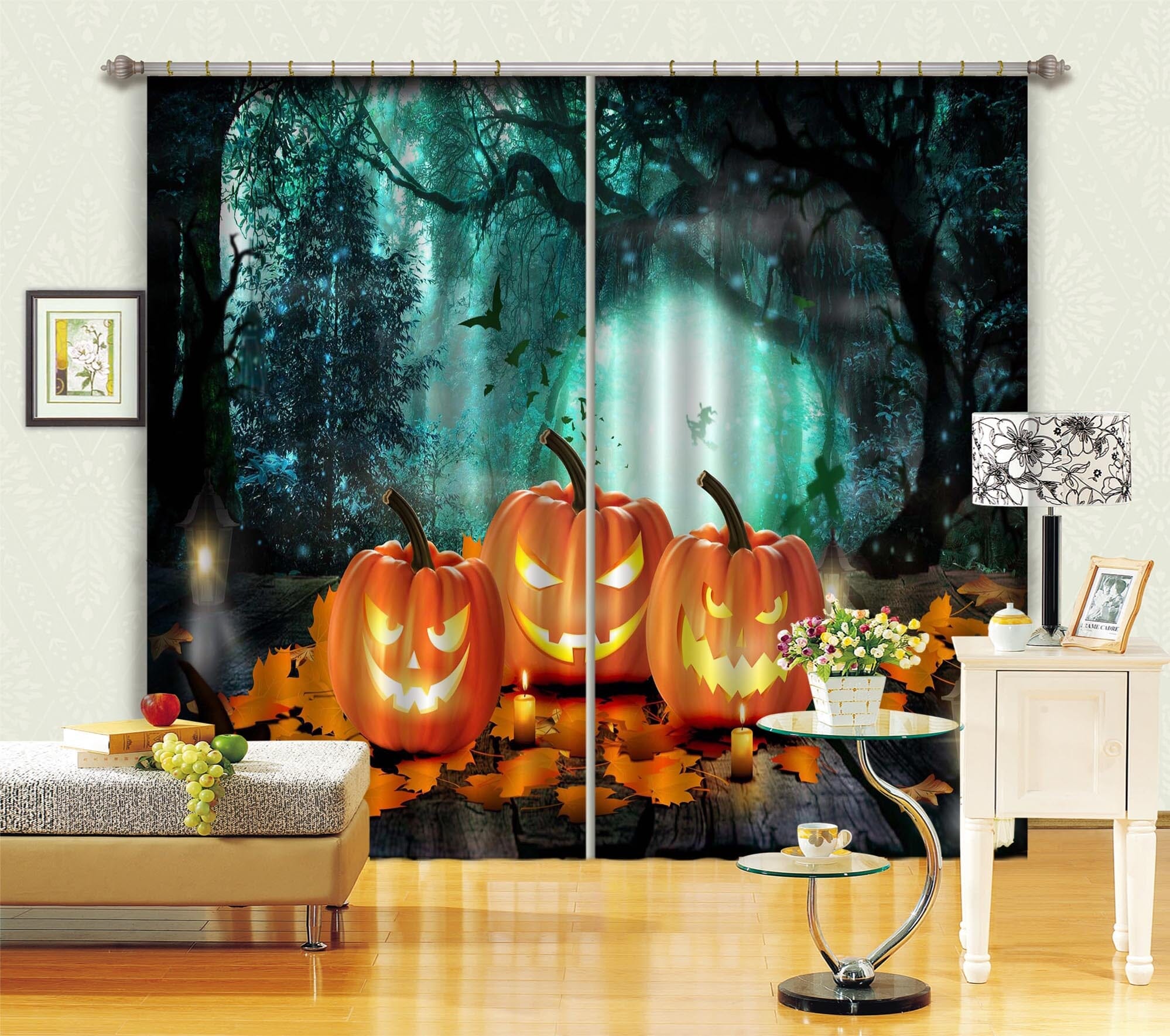 3D Horror Pumpkin 021 Halloween Curtains Drapes Curtains AJ Creativity Home 