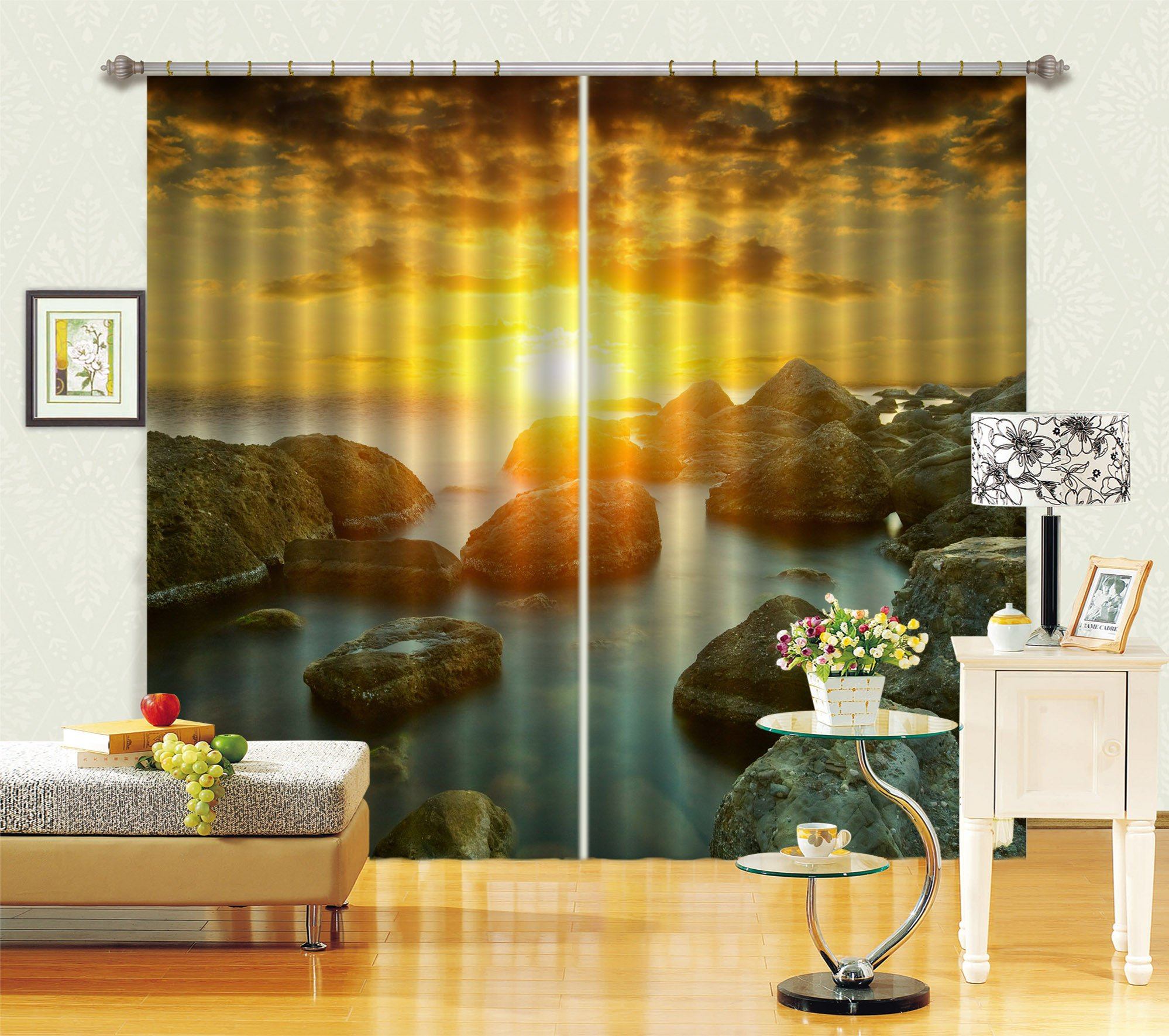 3D Sea Bright Sun Stones 679 Curtains Drapes Wallpaper AJ Wallpaper 
