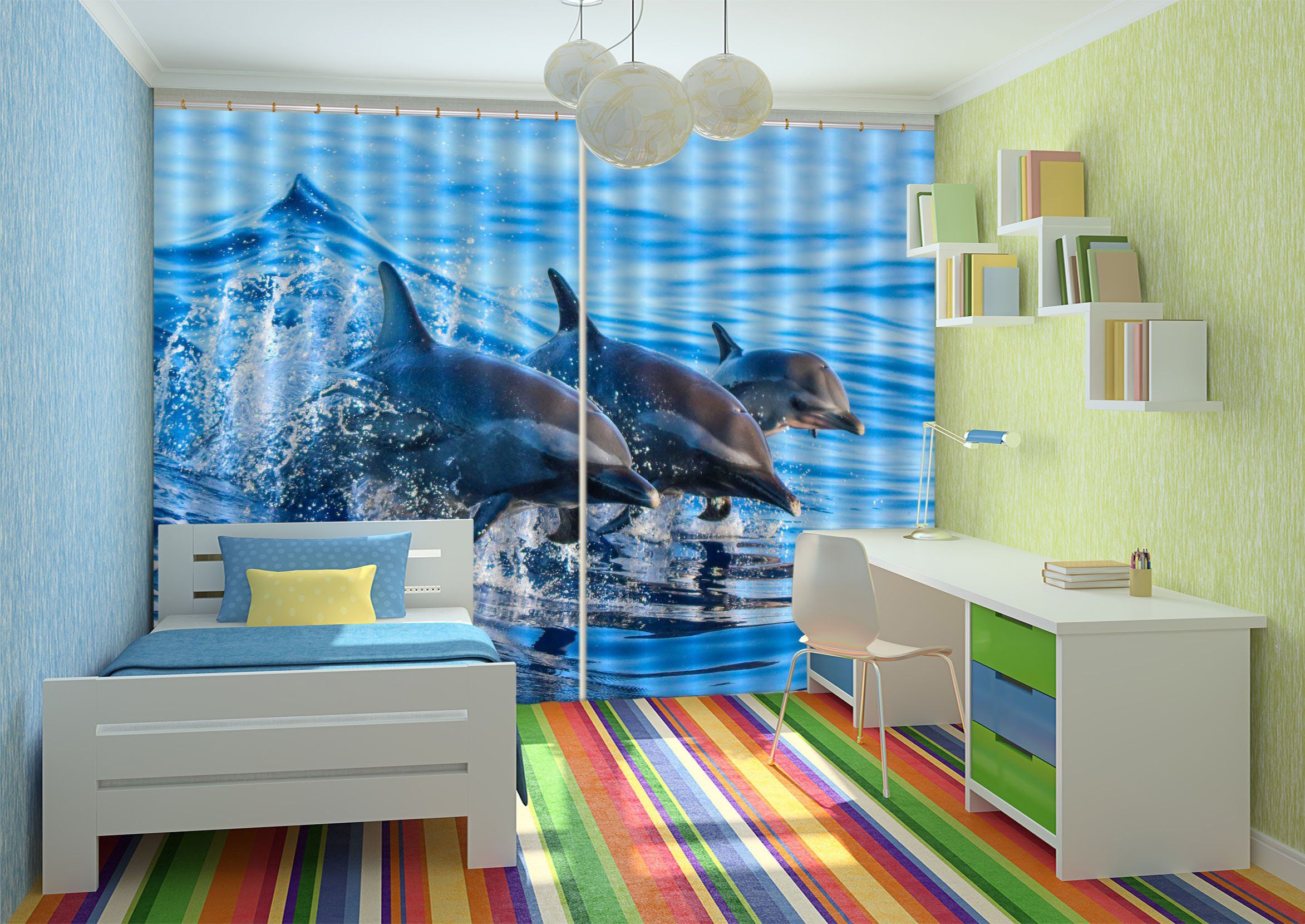 3D Sea Jumping Dolphins 635 Curtains Drapes Wallpaper AJ Wallpaper 