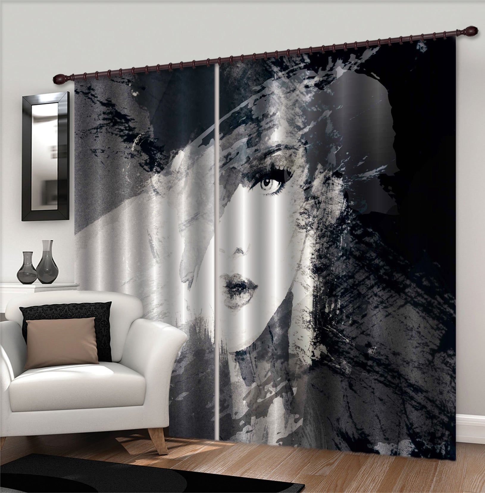 3D Lady Black Hat 026 Curtains Drapes