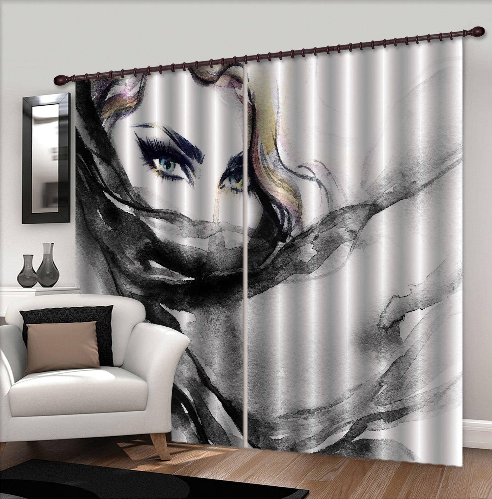 3D Black Yarn Woman 046 Curtains Drapes