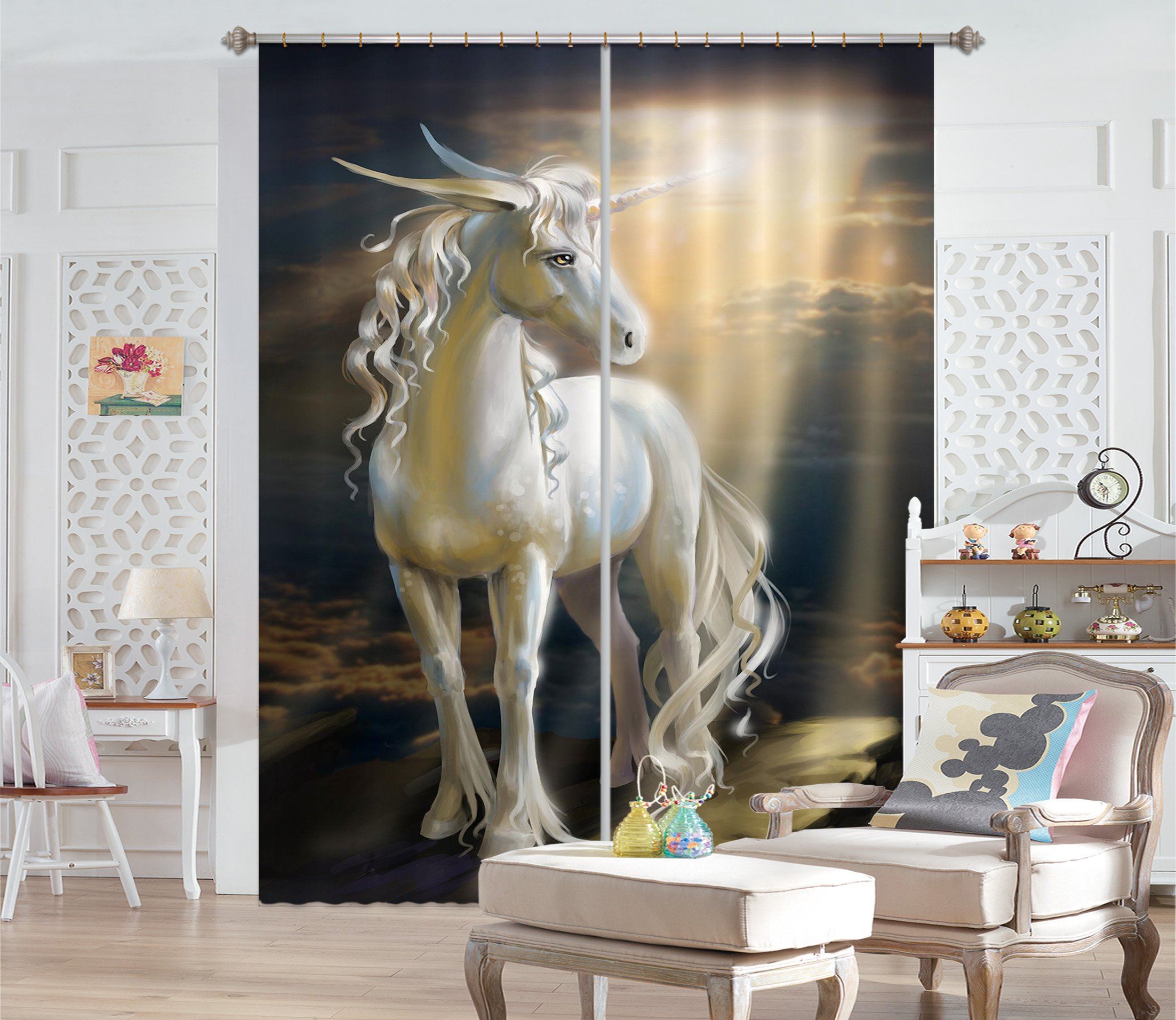 3D Light Transmission Unicorn 079 Curtains Drapes Curtains AJ Creativity Home 